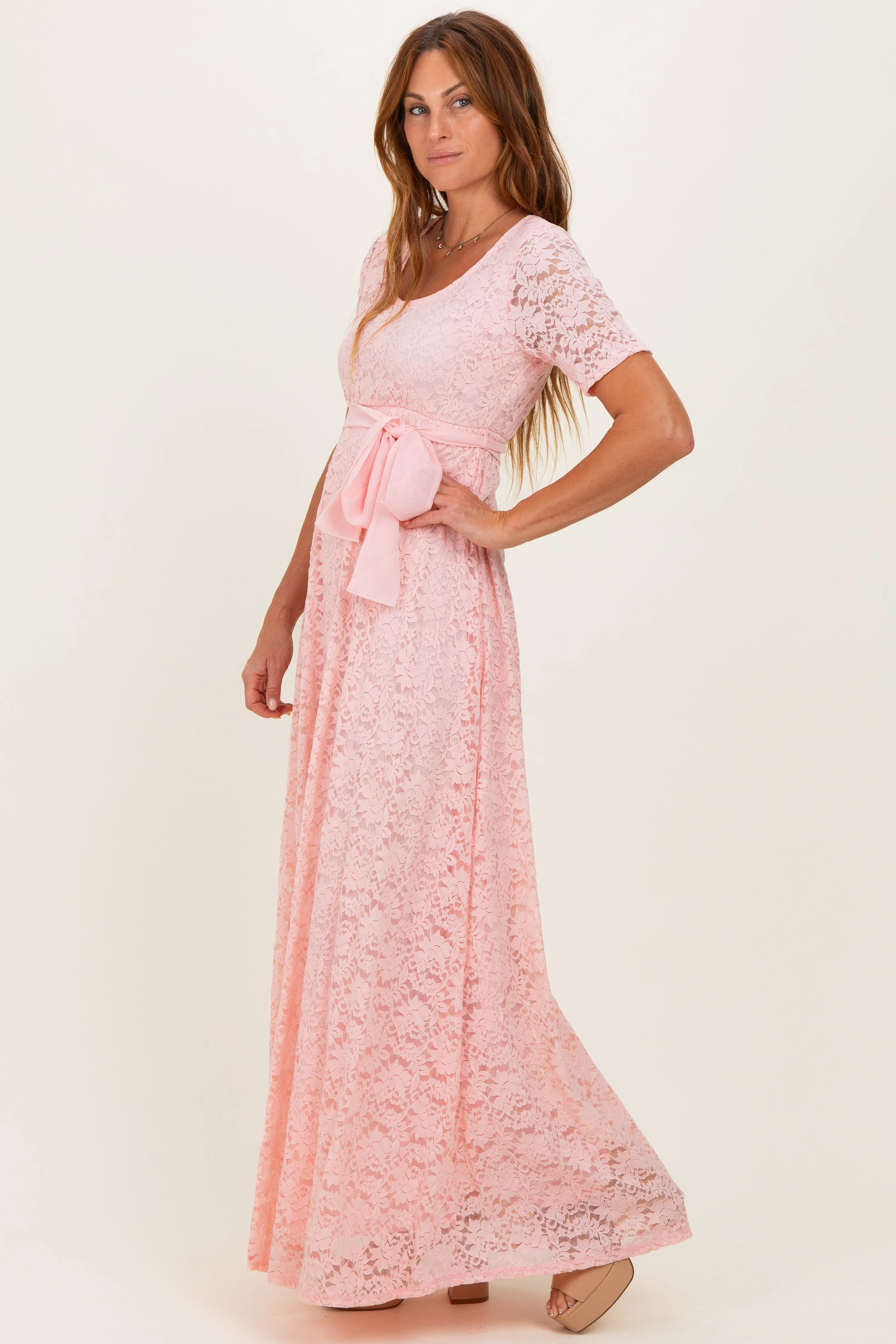 Light Pink Lace Sash Tie Gown sold by Pinkblush
