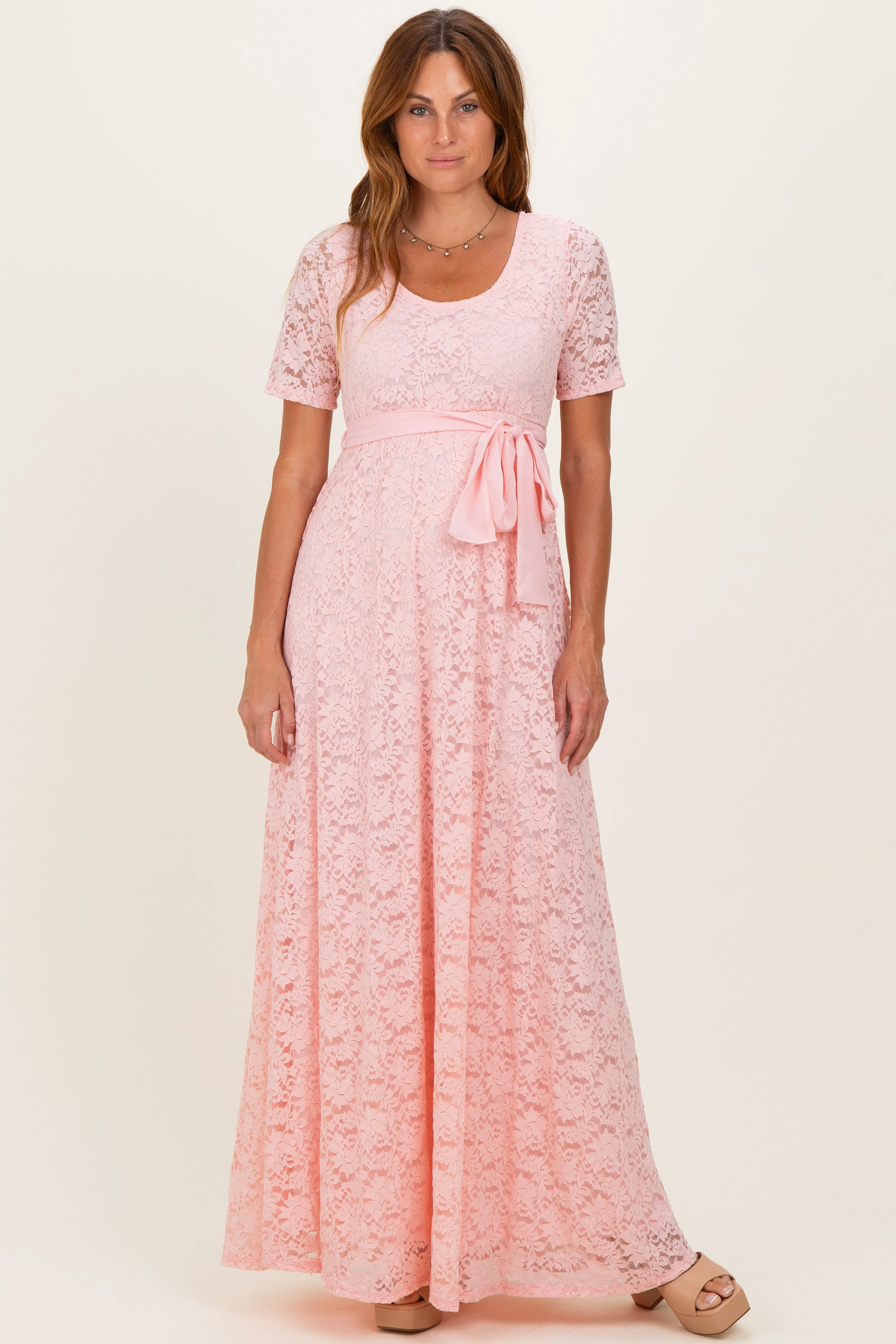 Light Pink Lace Sash Tie Gown sold by Pinkblush product image thumbnail 2