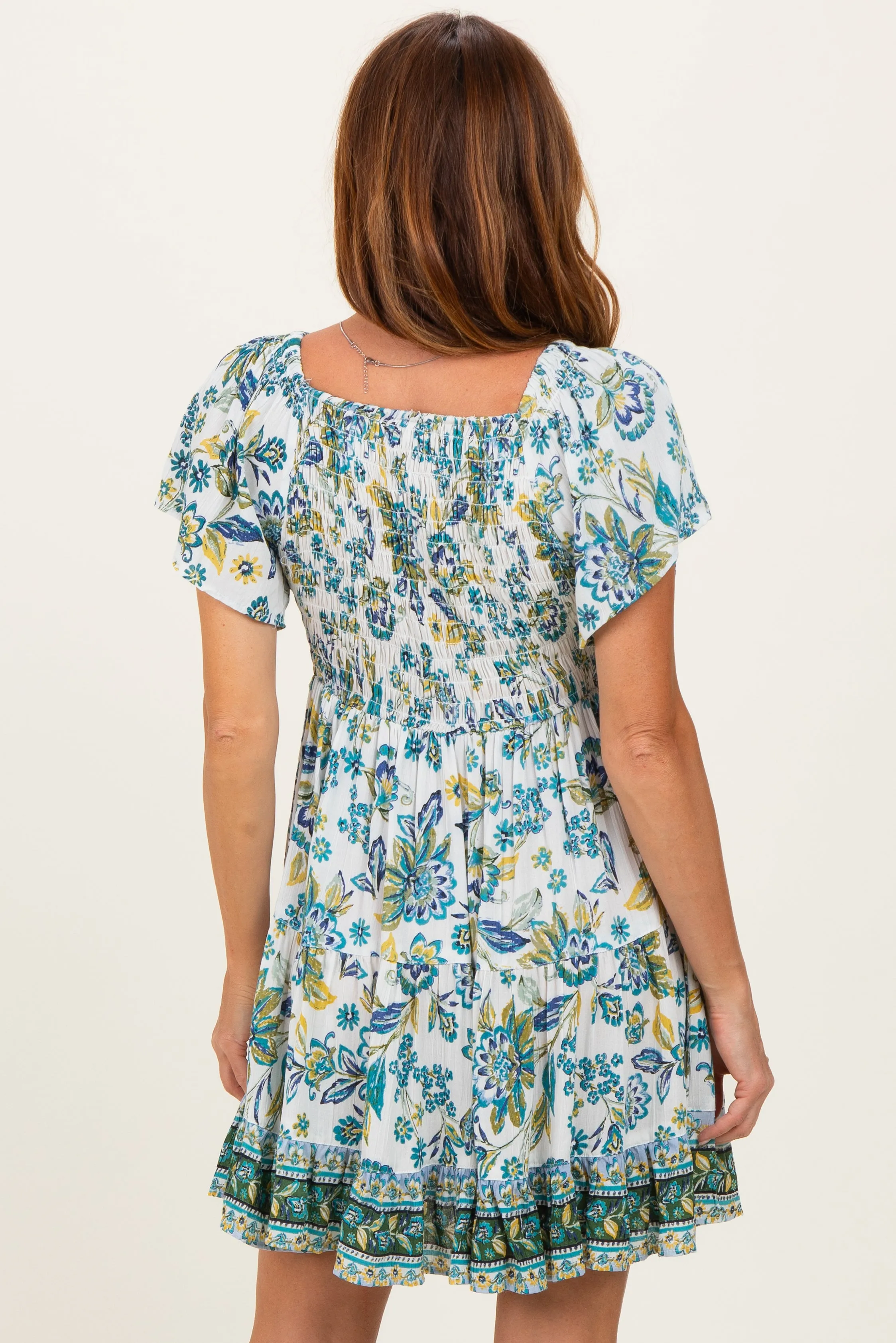 Ivory V Neck Smocked Bodice Short Sleeve Dress sold by Pinkblush product image thumbnail 4