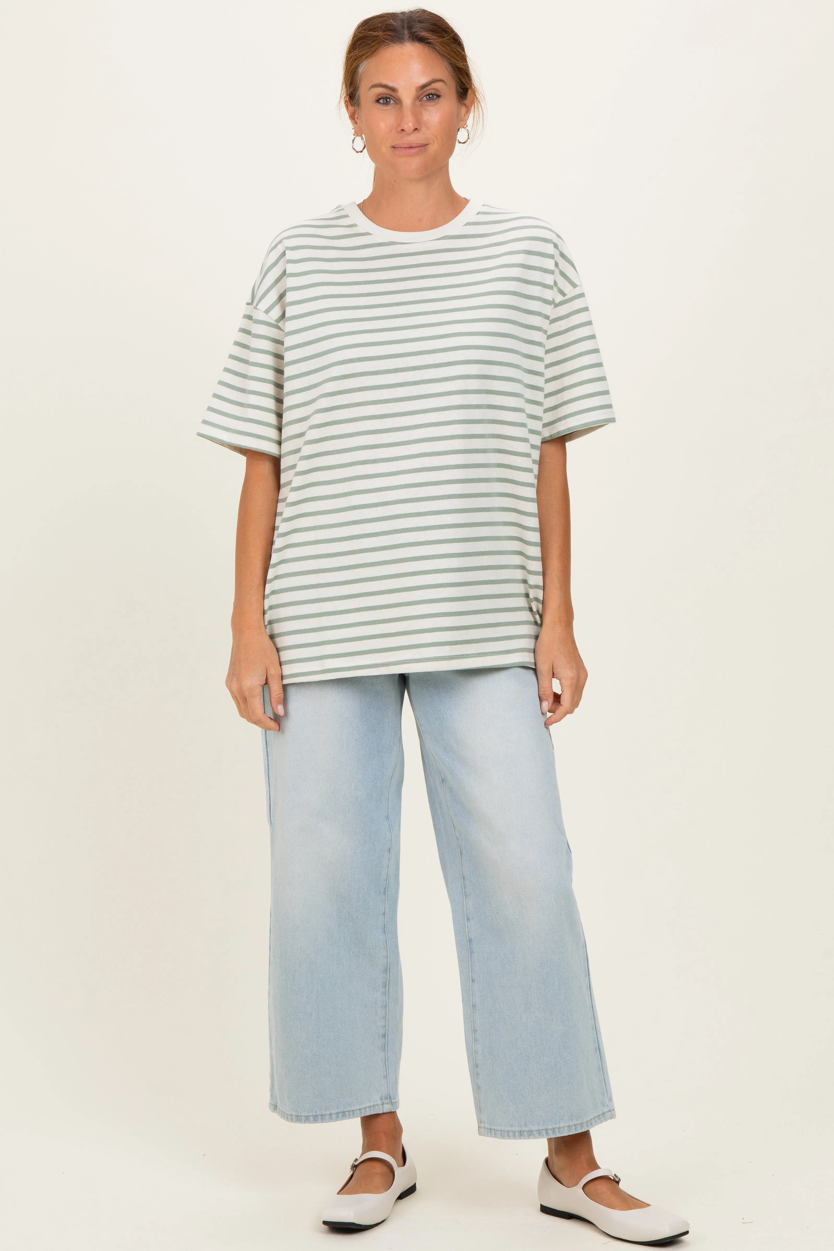 Sage Striped Short Sleeve Crew Neck Oversized Cotton Top sold by Pinkblush product image thumbnail 2