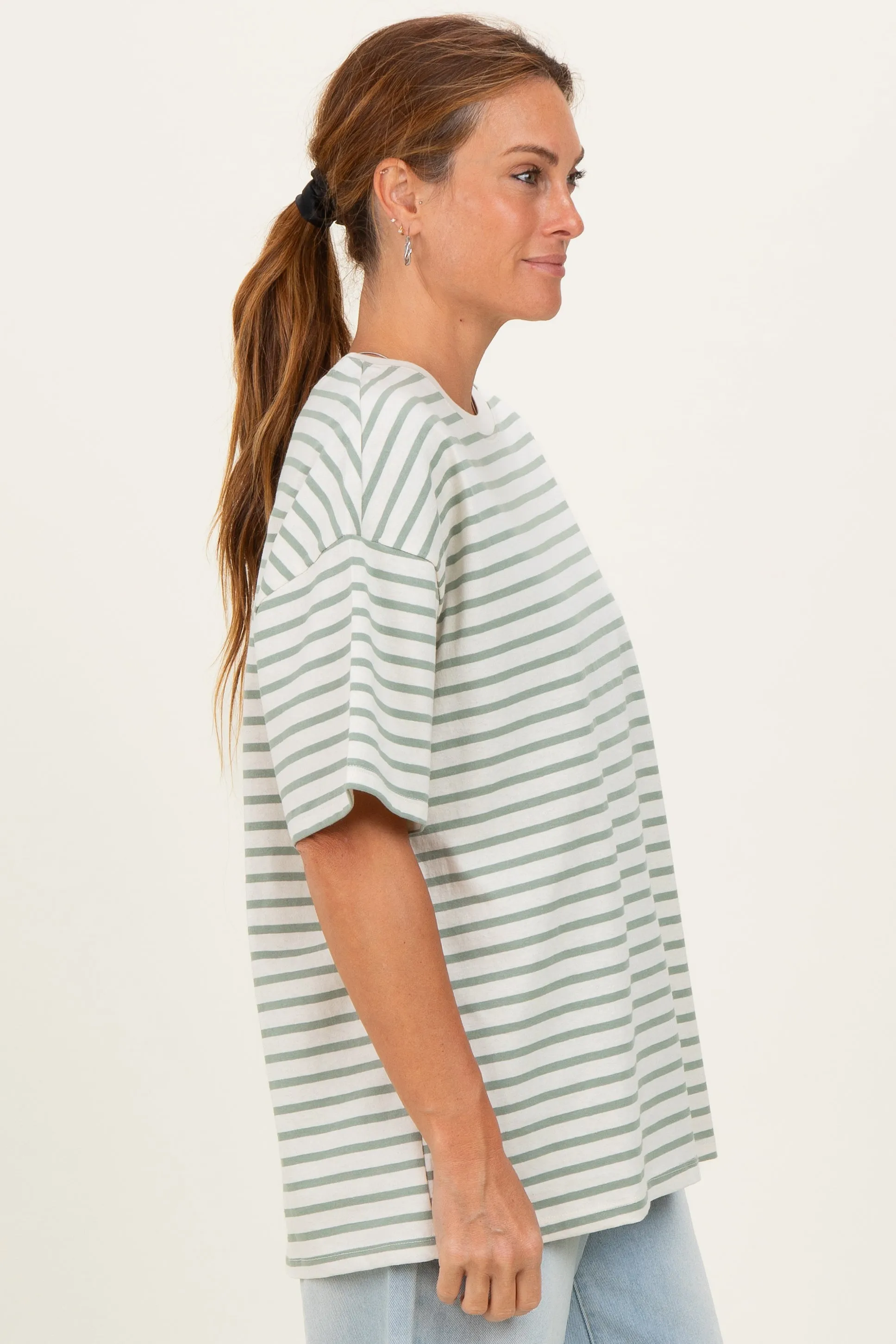 Sage Striped Short Sleeve Crew Neck Oversized Cotton Top sold by Pinkblush product image thumbnail 3