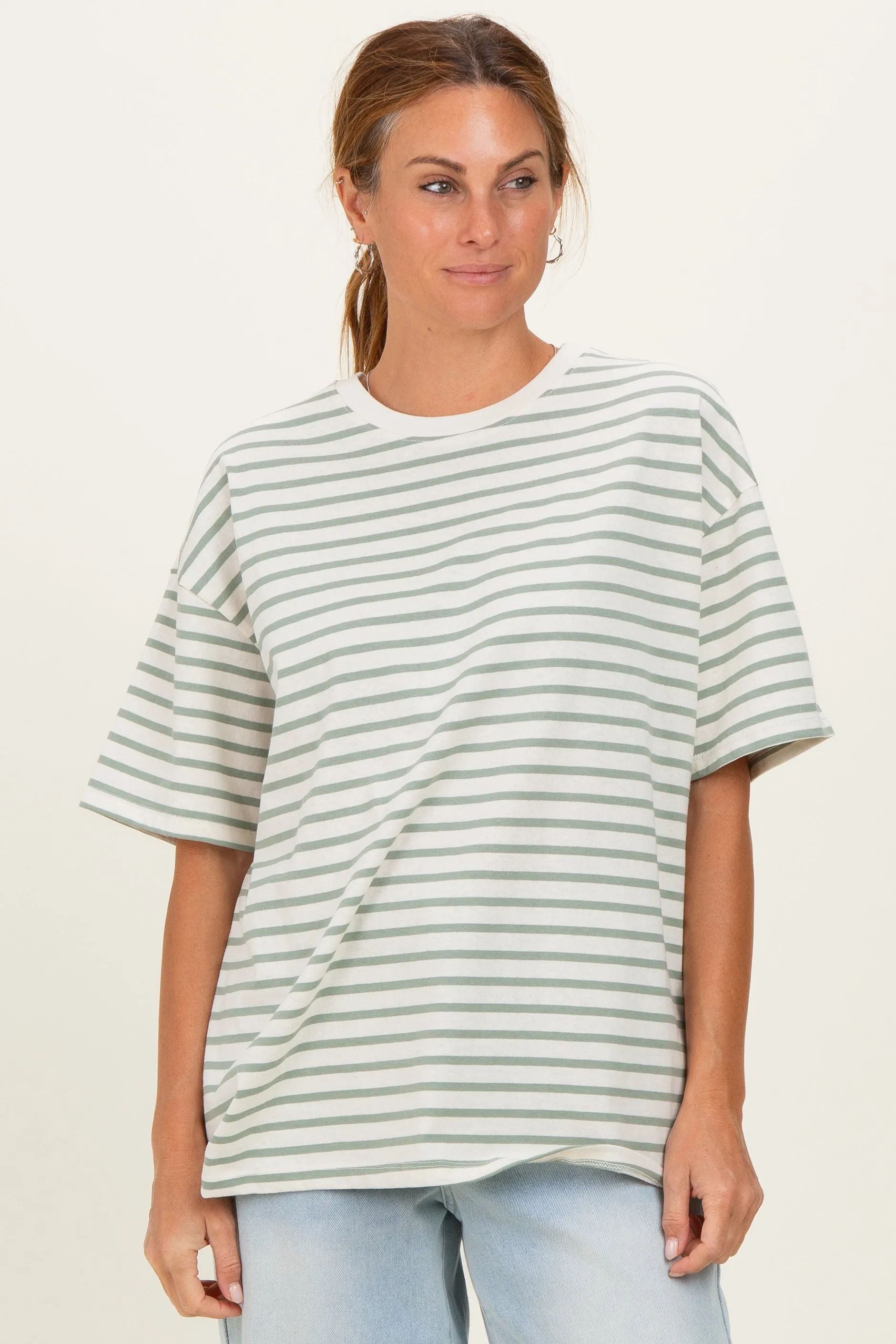 Sage Striped Short Sleeve Crew Neck Oversized Cotton Top sold by Pinkblush