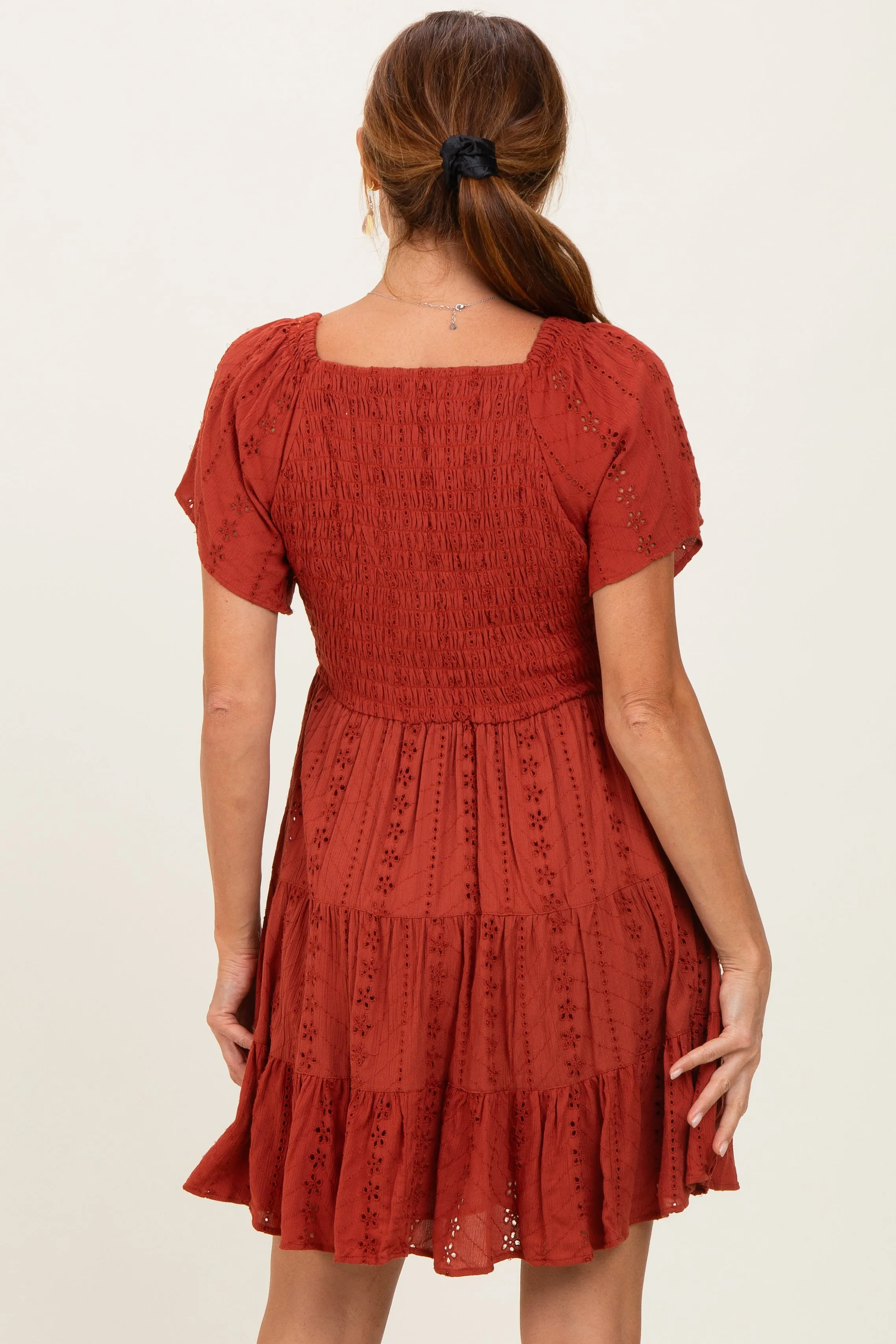 Rust Eyelet Embroidered V Neck Smocked Bodice Dress sold by Pinkblush product image thumbnail 4