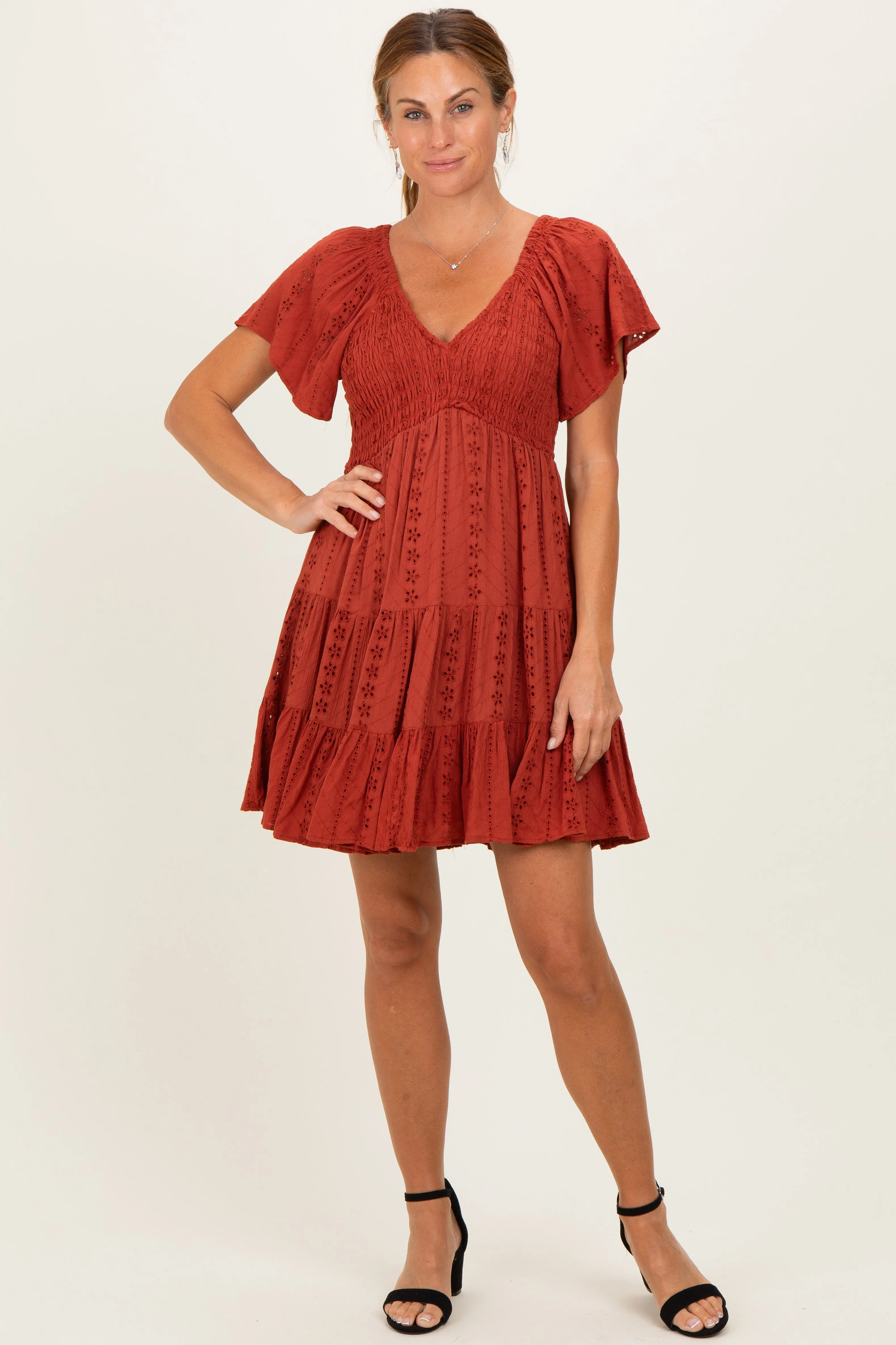 Rust Eyelet Embroidered V Neck Smocked Bodice Dress sold by Pinkblush product image thumbnail 2