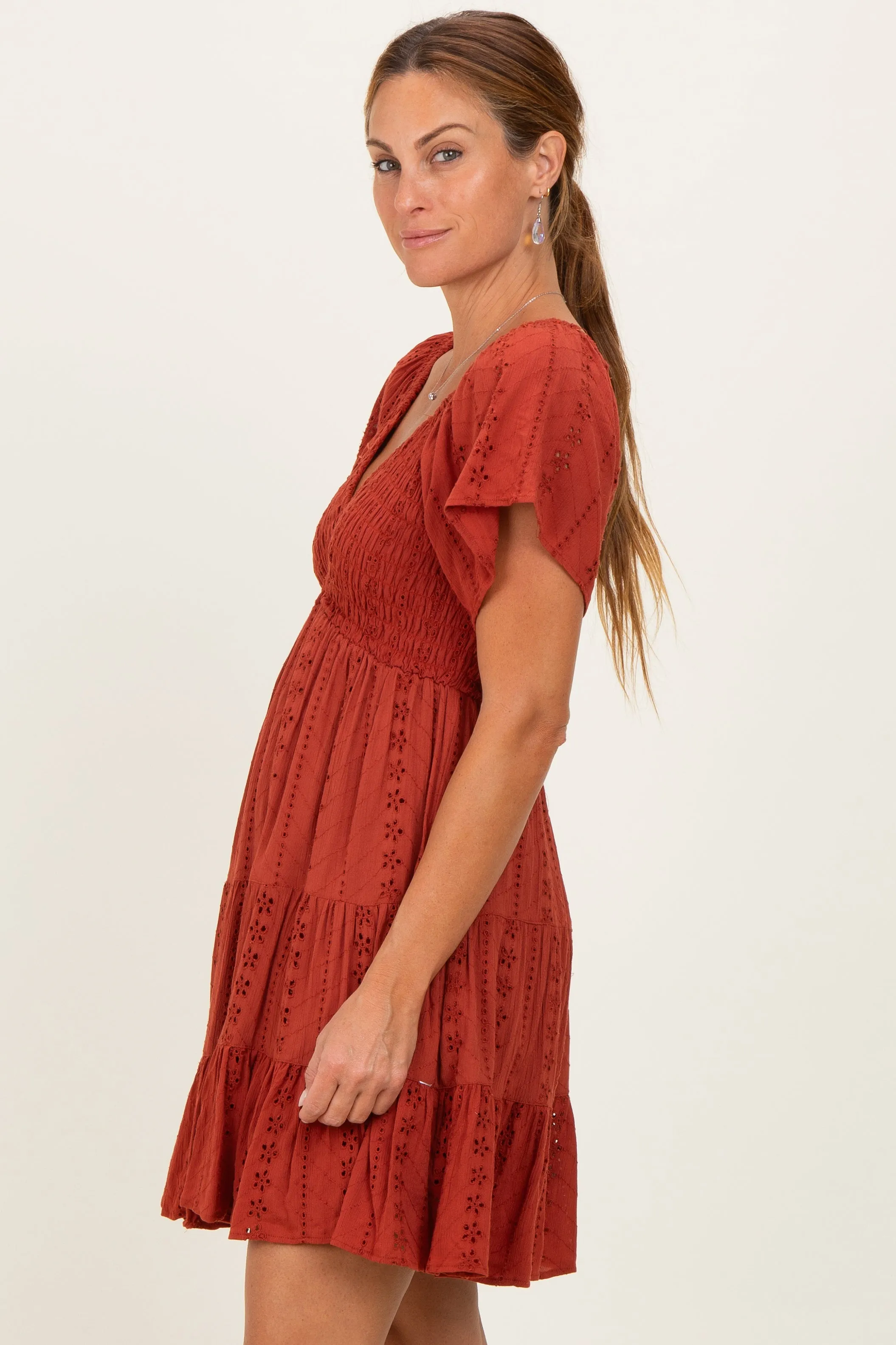 Rust Eyelet Embroidered V Neck Smocked Bodice Dress sold by Pinkblush product image thumbnail 3