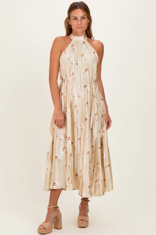 Yellow Floral Pleated Halter Midi Dress made by Pinkblush
