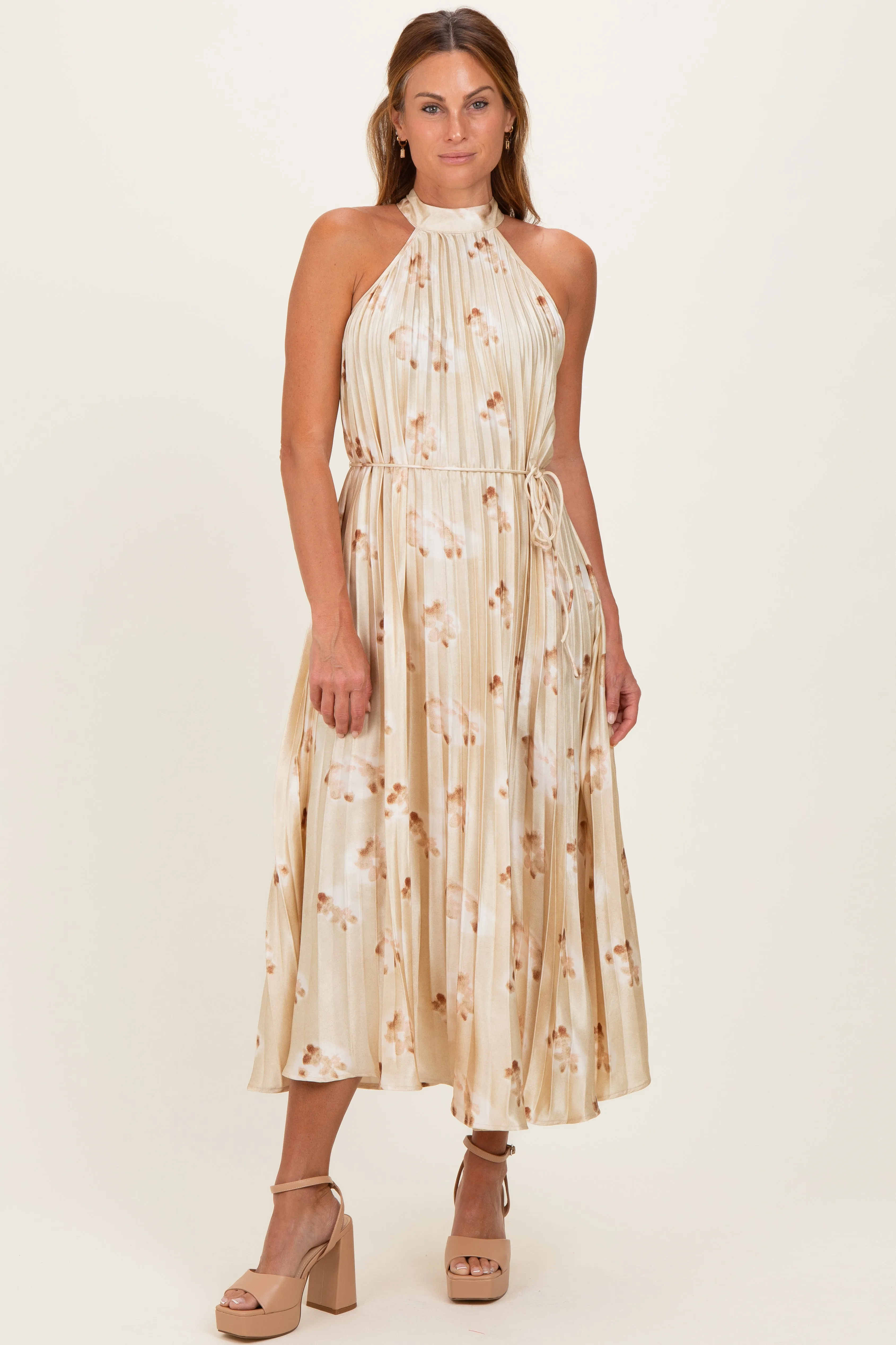 Yellow Floral Pleated Halter Midi Dress sold by Pinkblush