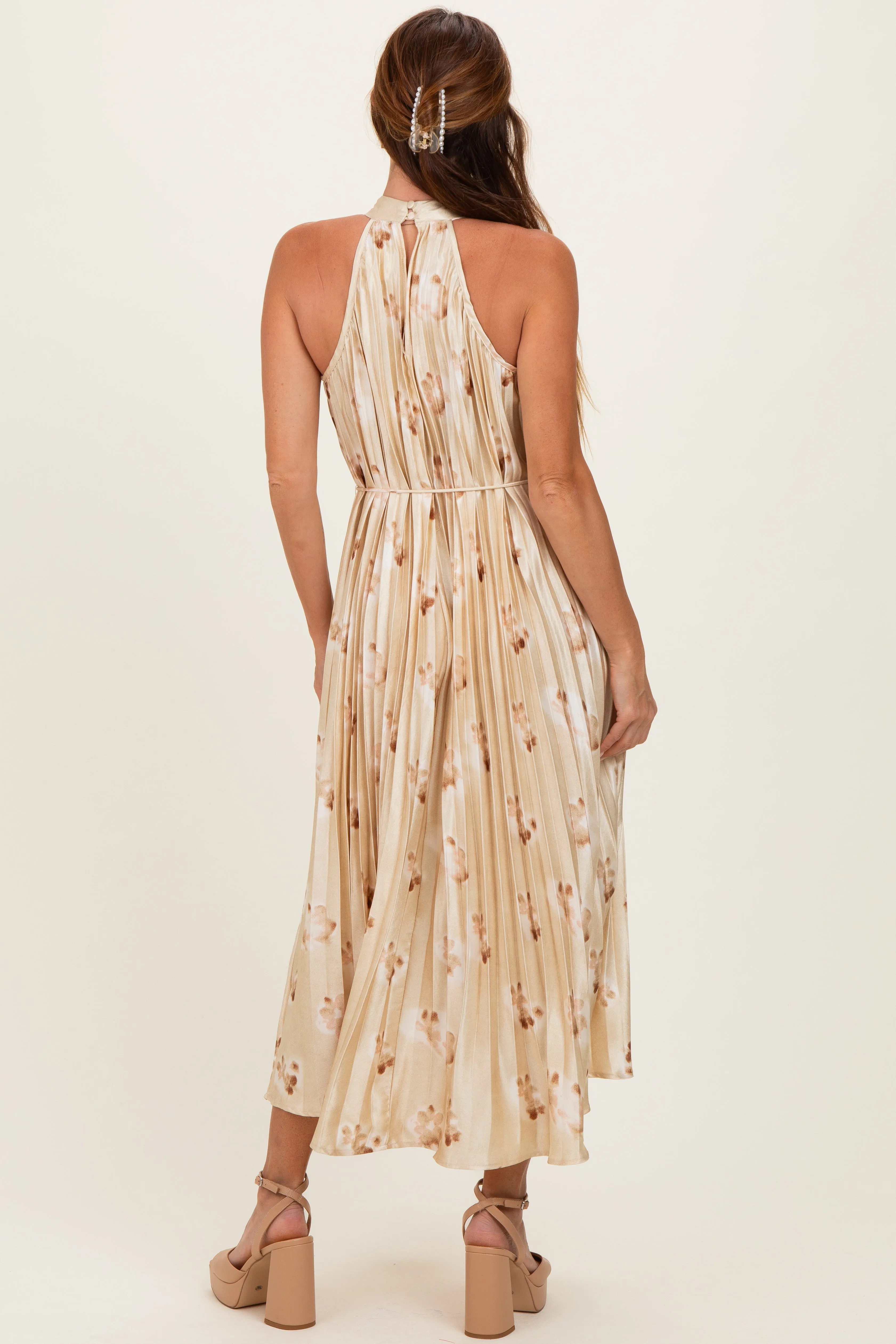 Yellow Floral Pleated Halter Midi Dress sold by Pinkblush product image thumbnail 3