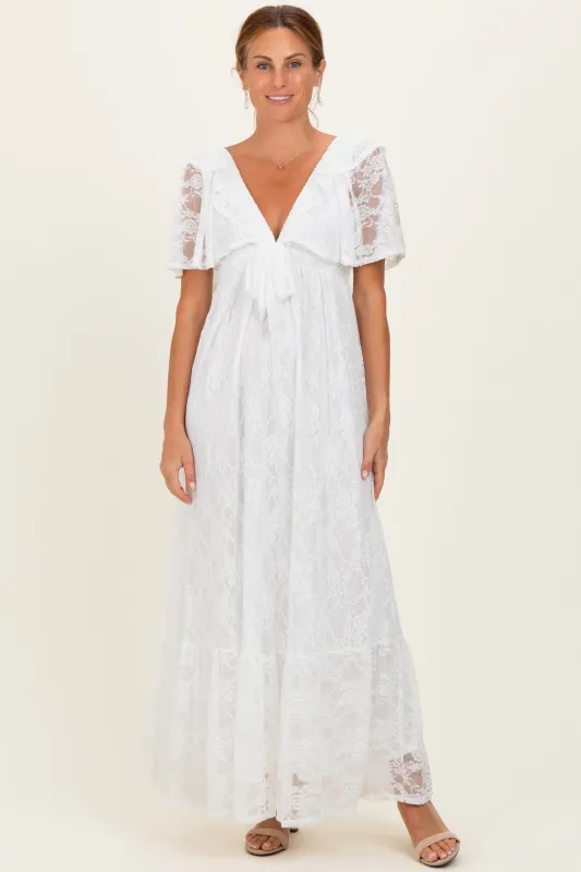 Ivory Lace Flutter Sleeve Tiered Maxi Dress made by Pinkblush