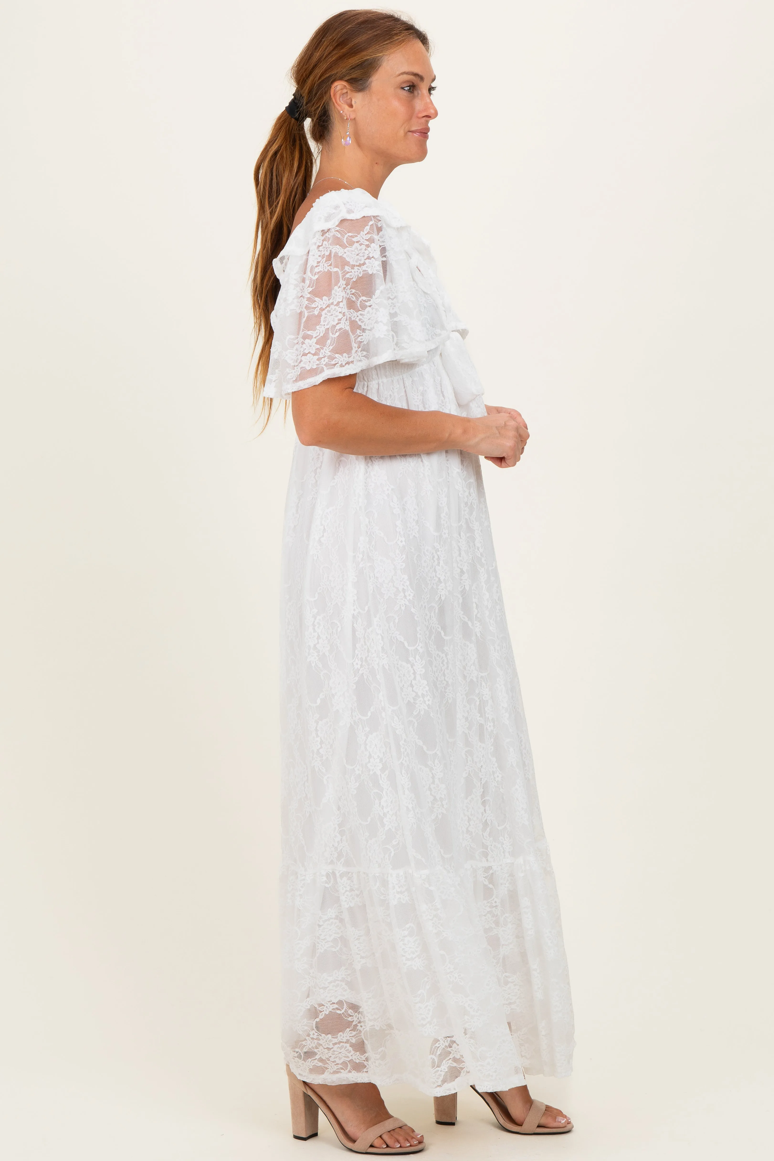 Ivory Lace Flutter Sleeve Tiered Maxi Dress sold by Pinkblush product image thumbnail 2