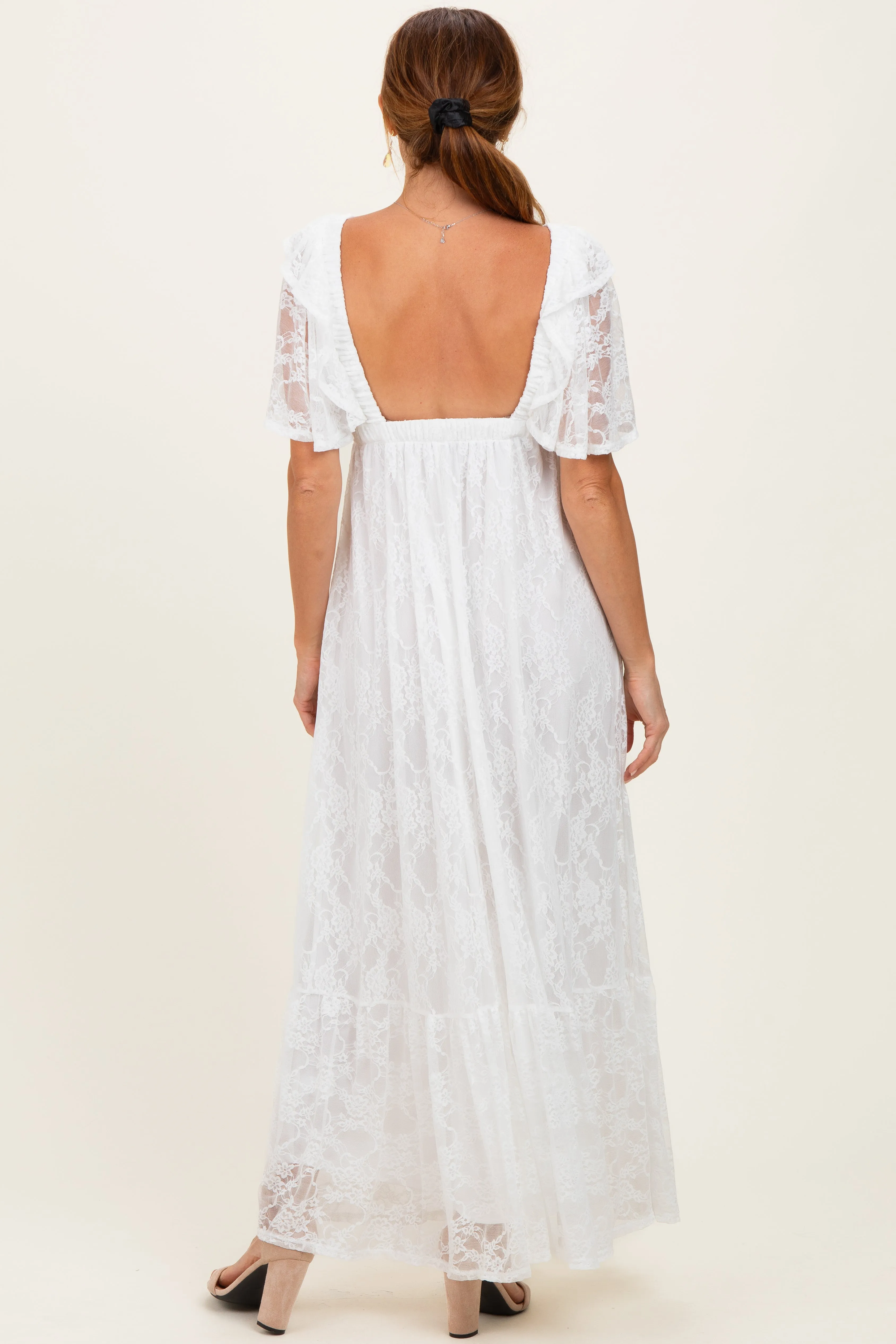 Ivory Lace Flutter Sleeve Tiered Maxi Dress sold by Pinkblush product image thumbnail 3