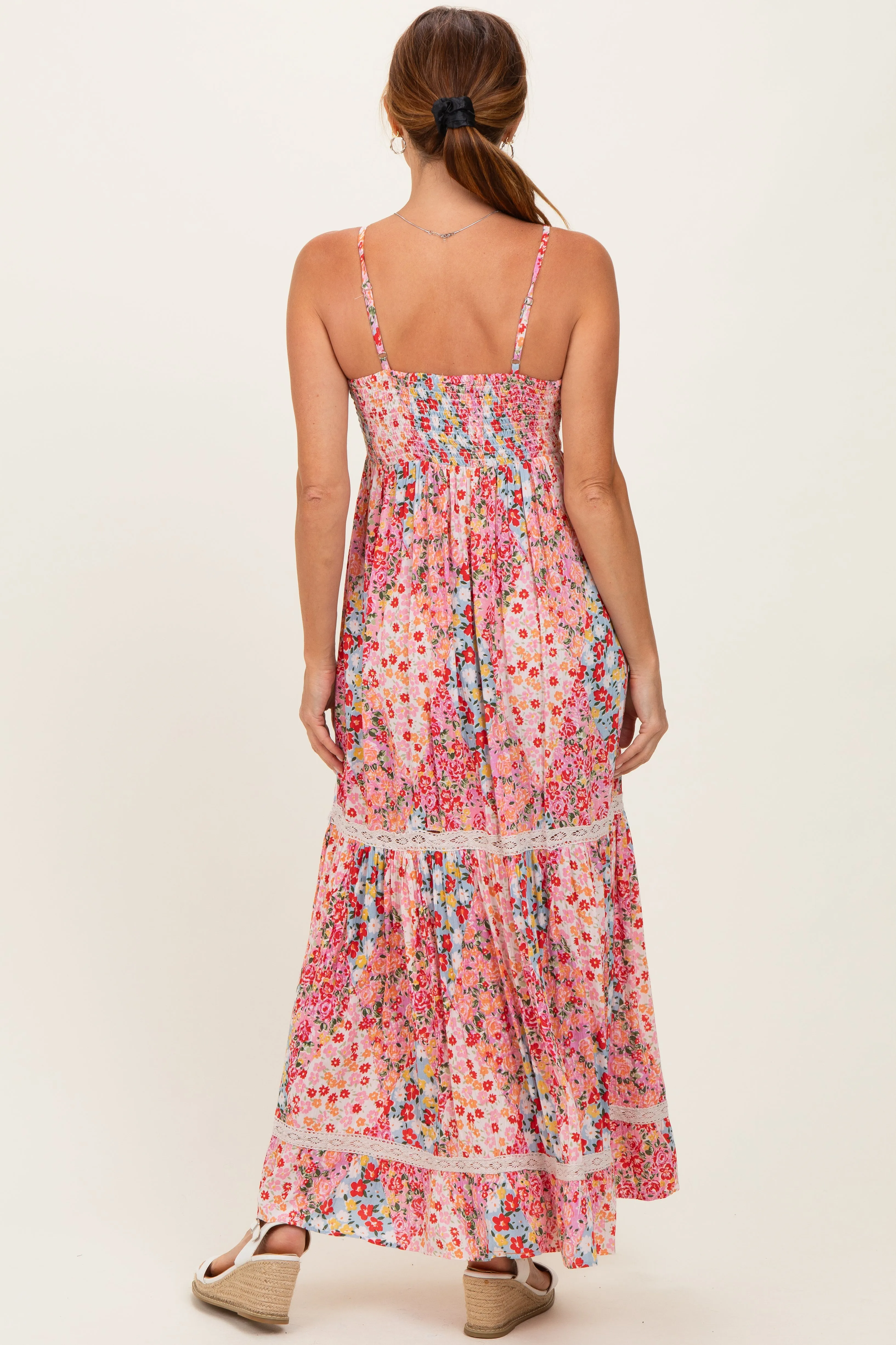 Pink Smocked Bust V Neck Lace Trim Maxi Dress sold by Pinkblush product image thumbnail 3