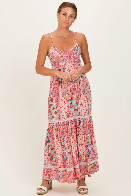 Pink Smocked Bust V Neck Lace Trim Maxi Dress made by Angie