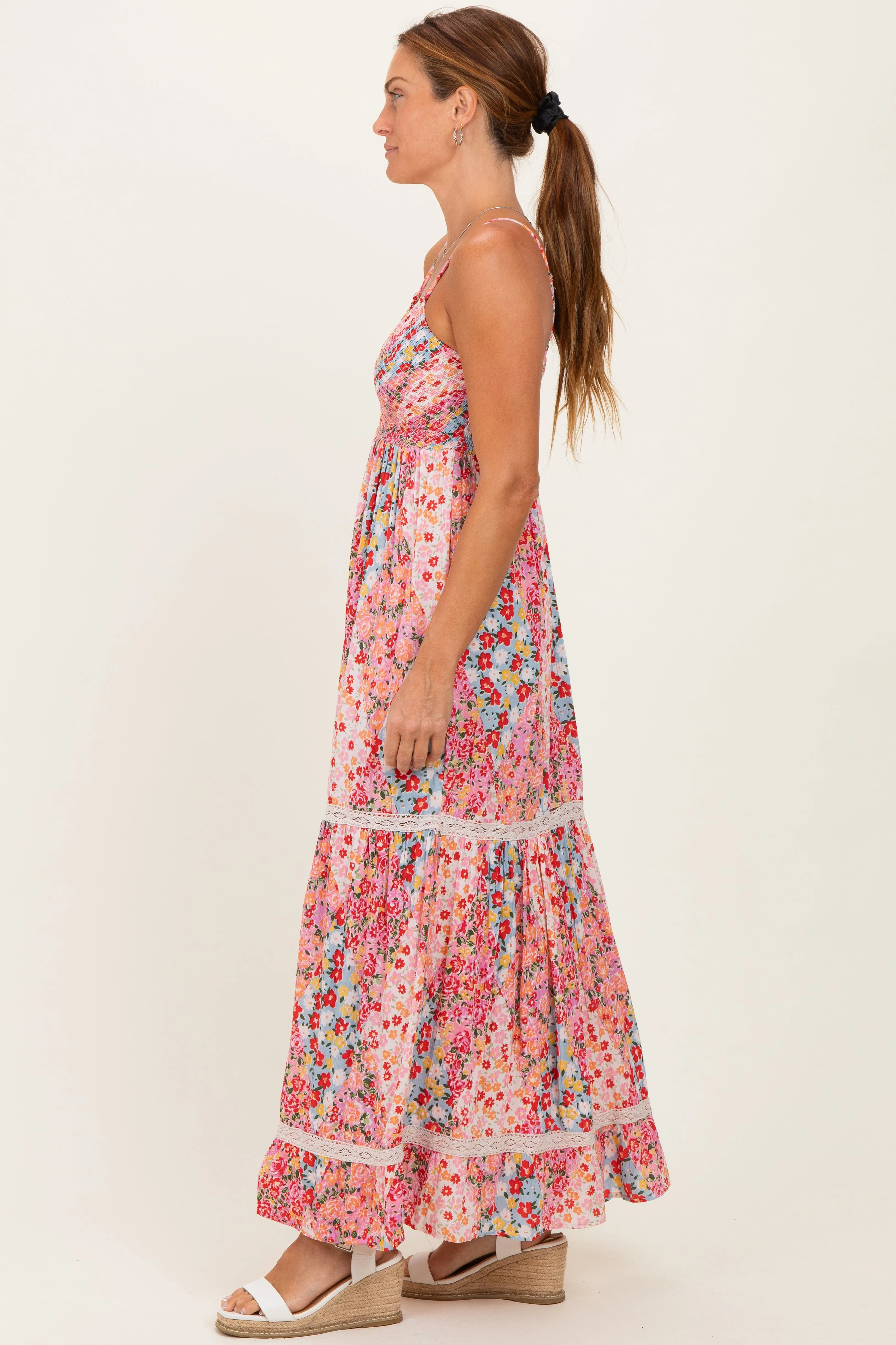 Pink Smocked Bust V Neck Lace Trim Maxi Dress sold by Pinkblush product image thumbnail 2