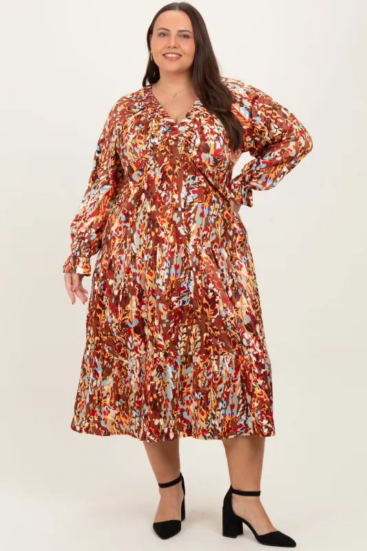 Mocha Multi Color Satin V-Neck Long Sleeve Plus Maxi Dress made by Pinkblush