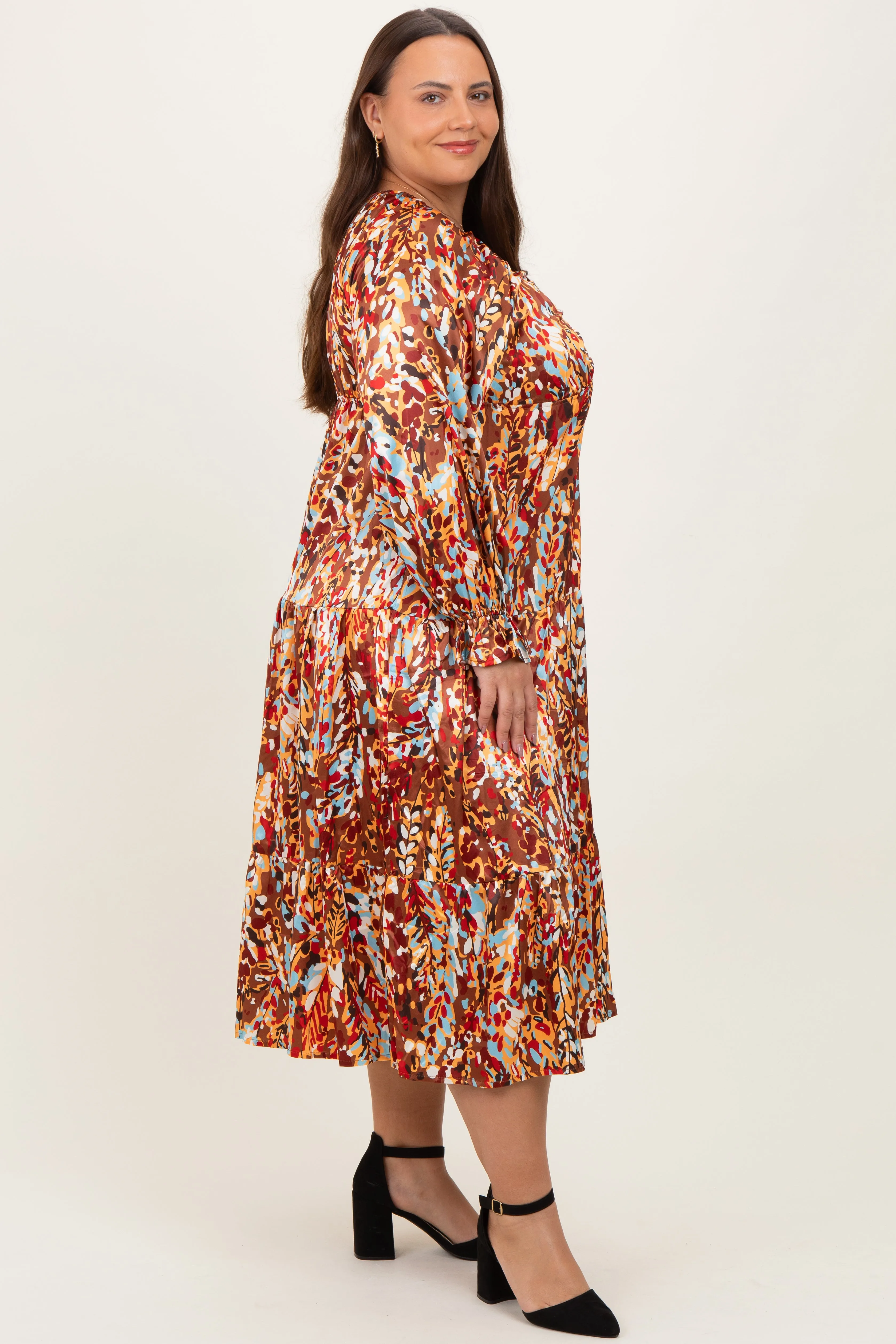 Mocha Multi Color Satin V-Neck Long Sleeve Plus Maxi Dress sold by Pinkblush product image thumbnail 2