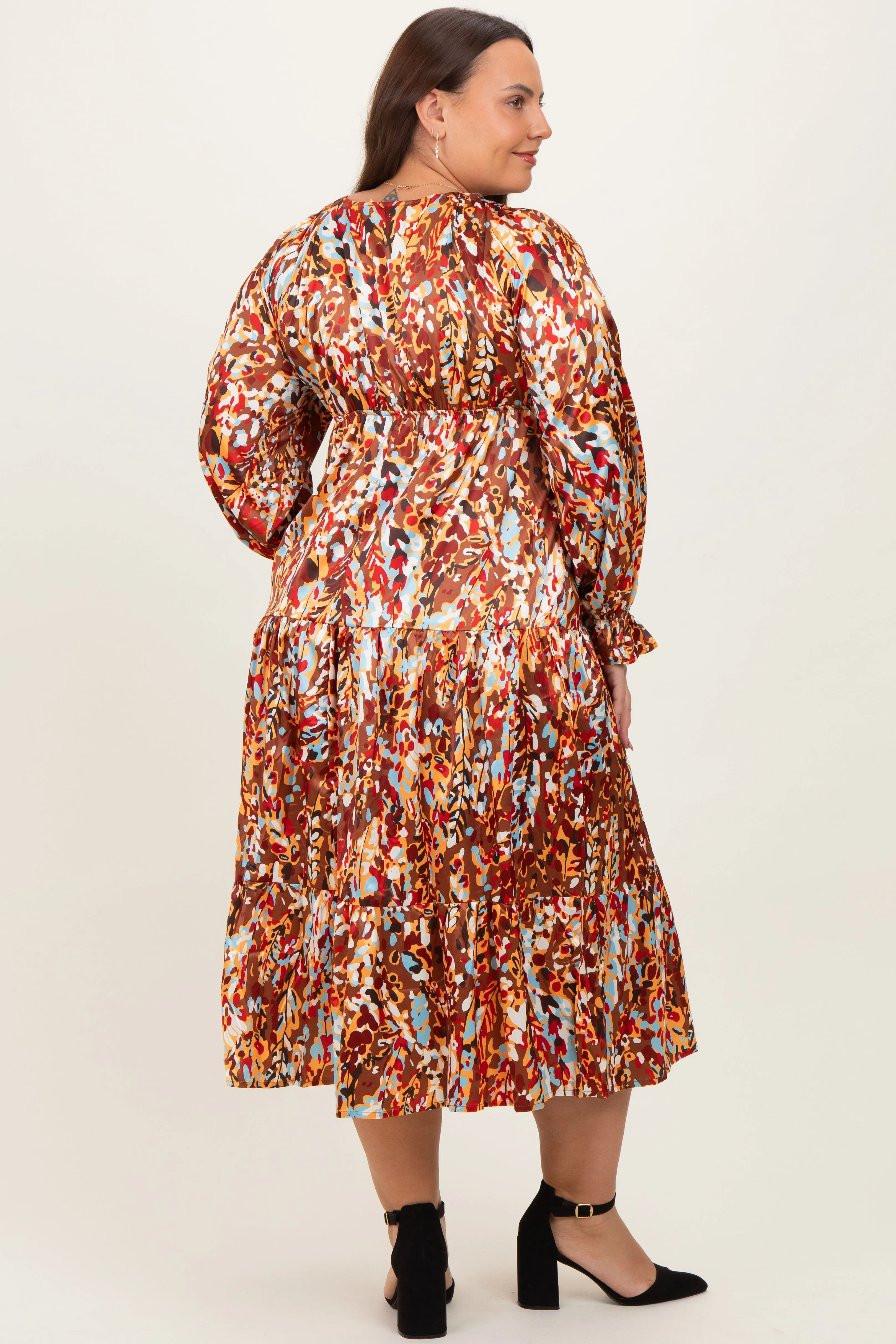 Mocha Multi Color Satin V-Neck Long Sleeve Plus Maxi Dress sold by Pinkblush product image thumbnail 3