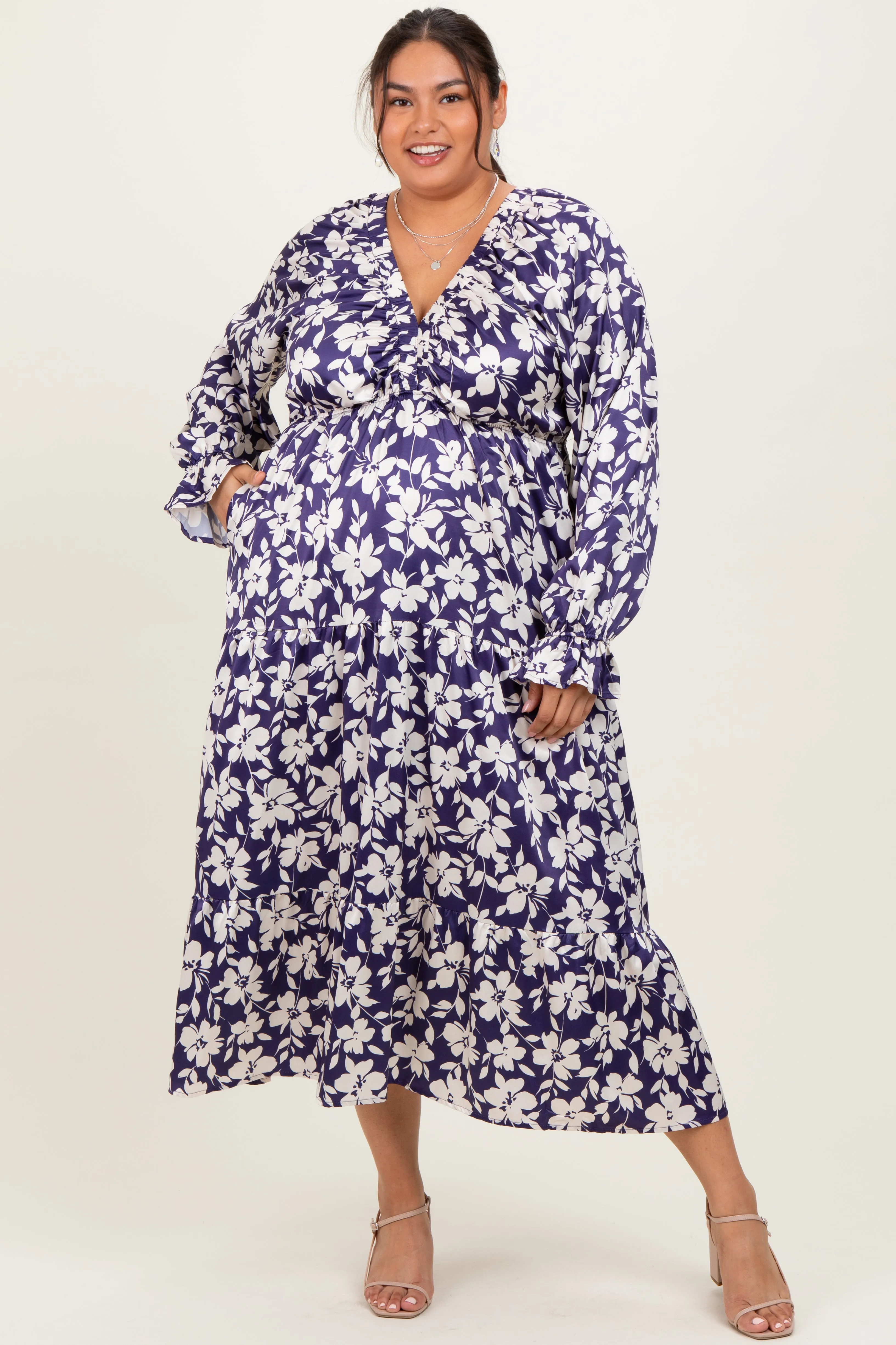 Navy Floral Tiered Ruched V-Neck Satin Plus Maxi Dress sold by Pinkblush product image thumbnail 2