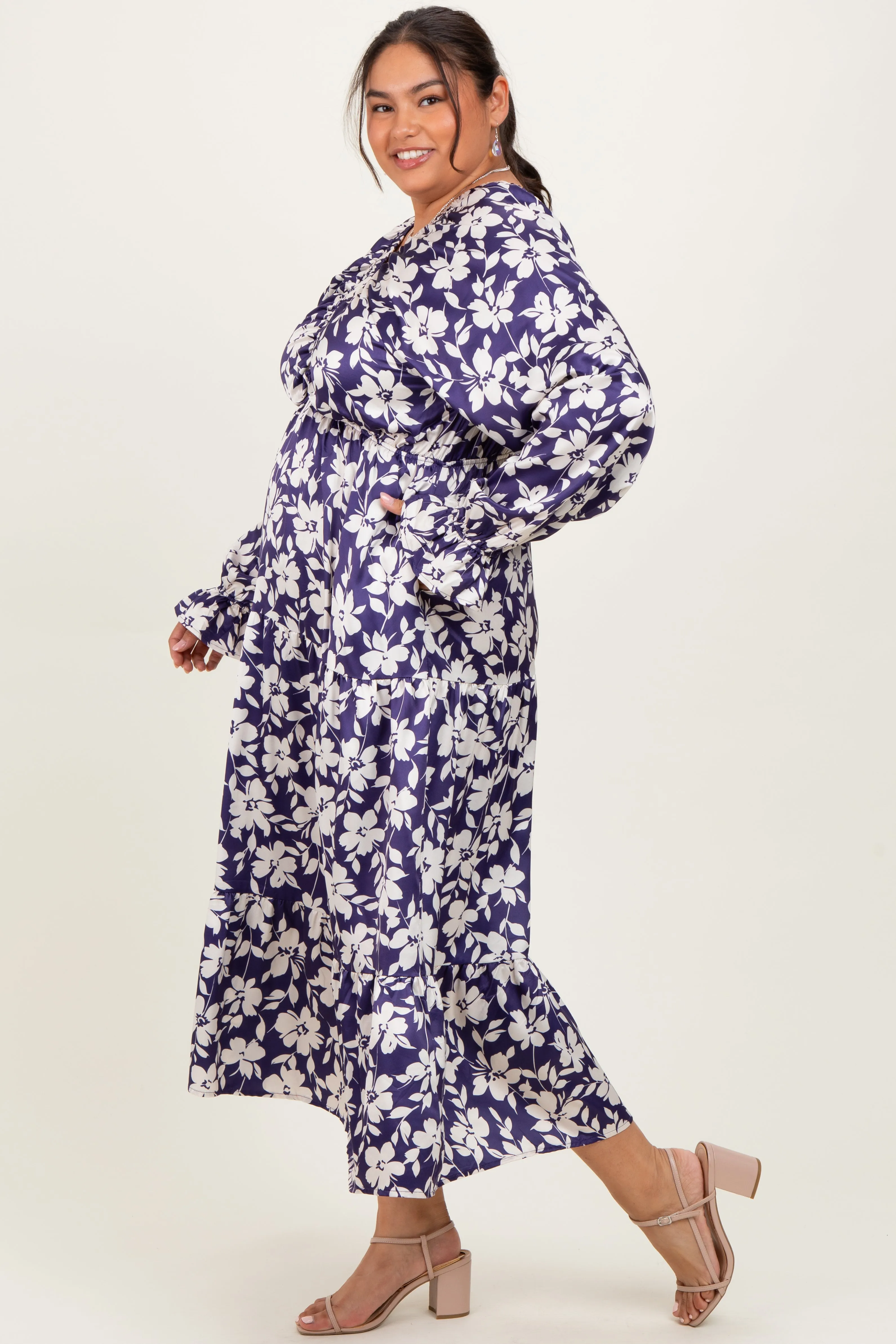 Navy Floral Tiered Ruched V-Neck Satin Plus Maxi Dress sold by Pinkblush product image thumbnail 3