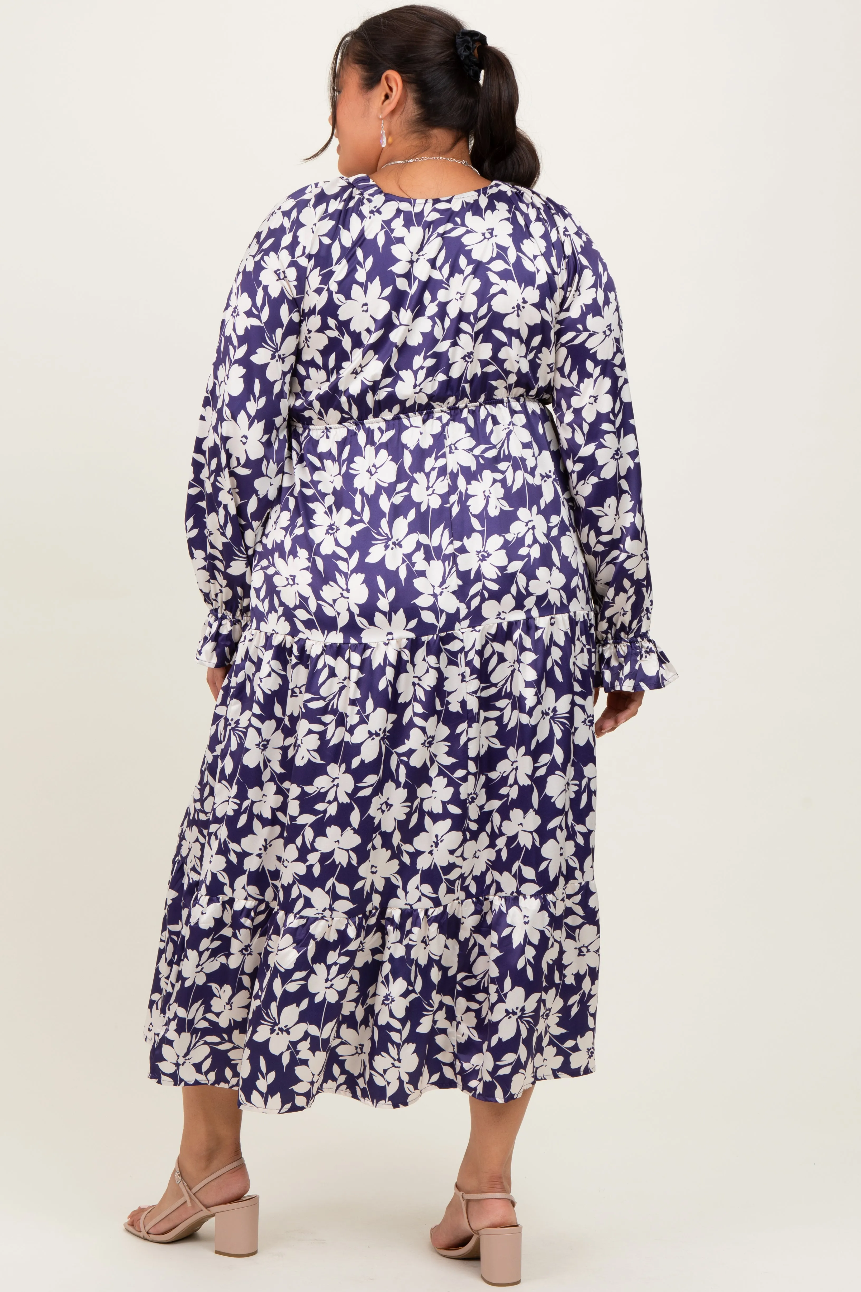 Navy Floral Tiered Ruched V-Neck Satin Plus Maxi Dress sold by Pinkblush product image thumbnail 4