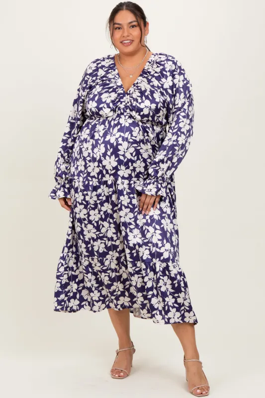 Navy Floral Tiered Ruched V-Neck Satin Plus Maxi Dress made by Pinkblush