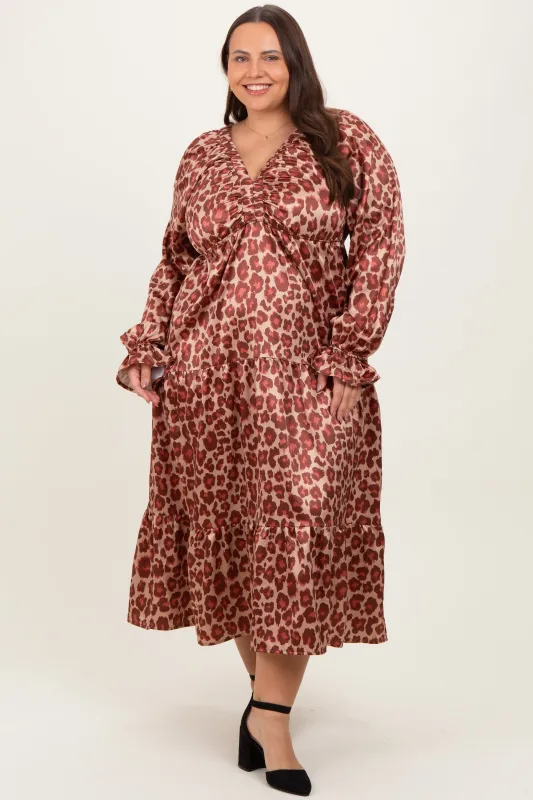 Taupe/Rust Satin Leopard Tiered Side Pocket Plus Maxi Dress made by Pinkblush