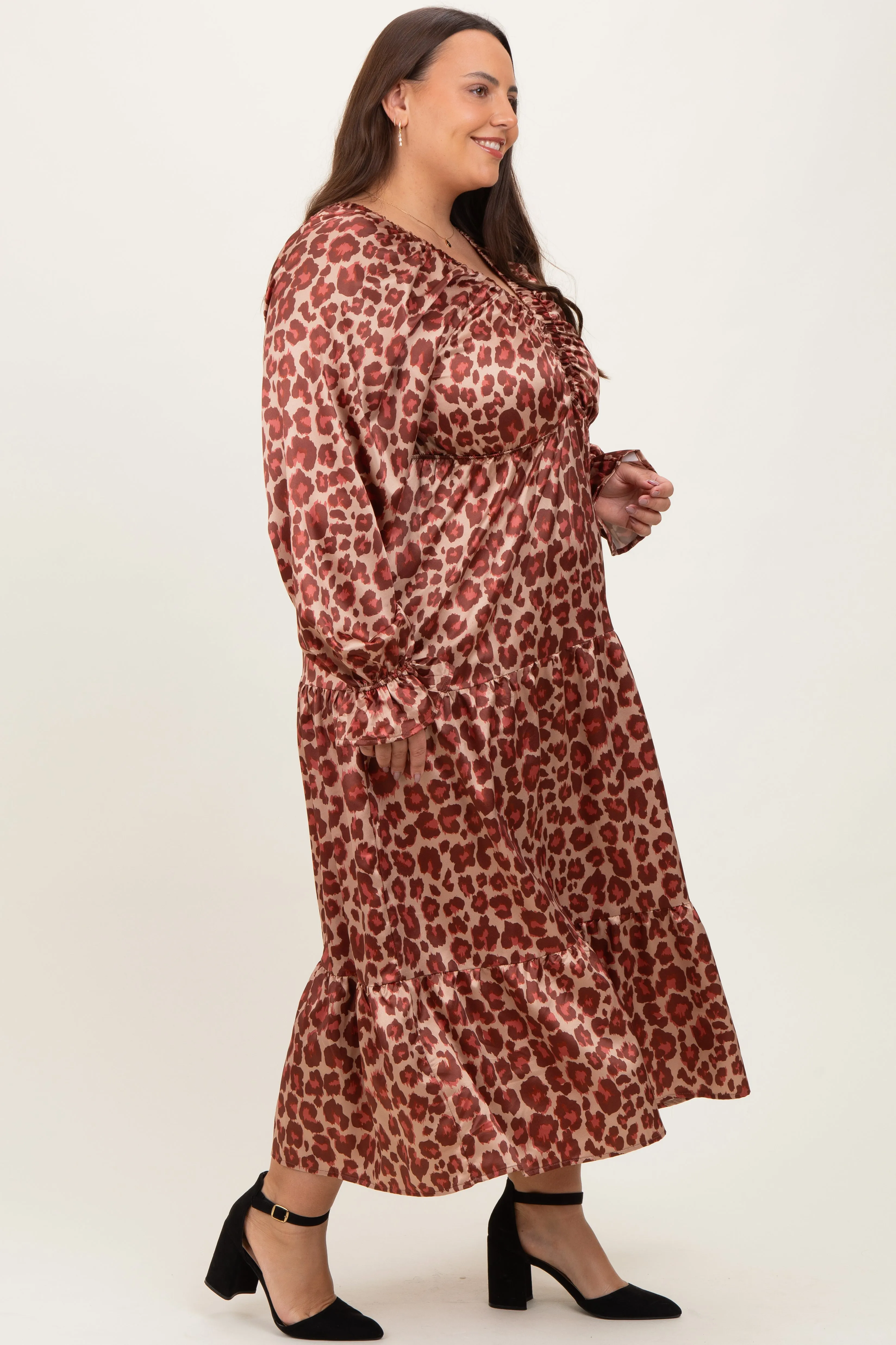 Taupe/Rust Satin Leopard Tiered Side Pocket Plus Maxi Dress sold by Pinkblush product image thumbnail 2