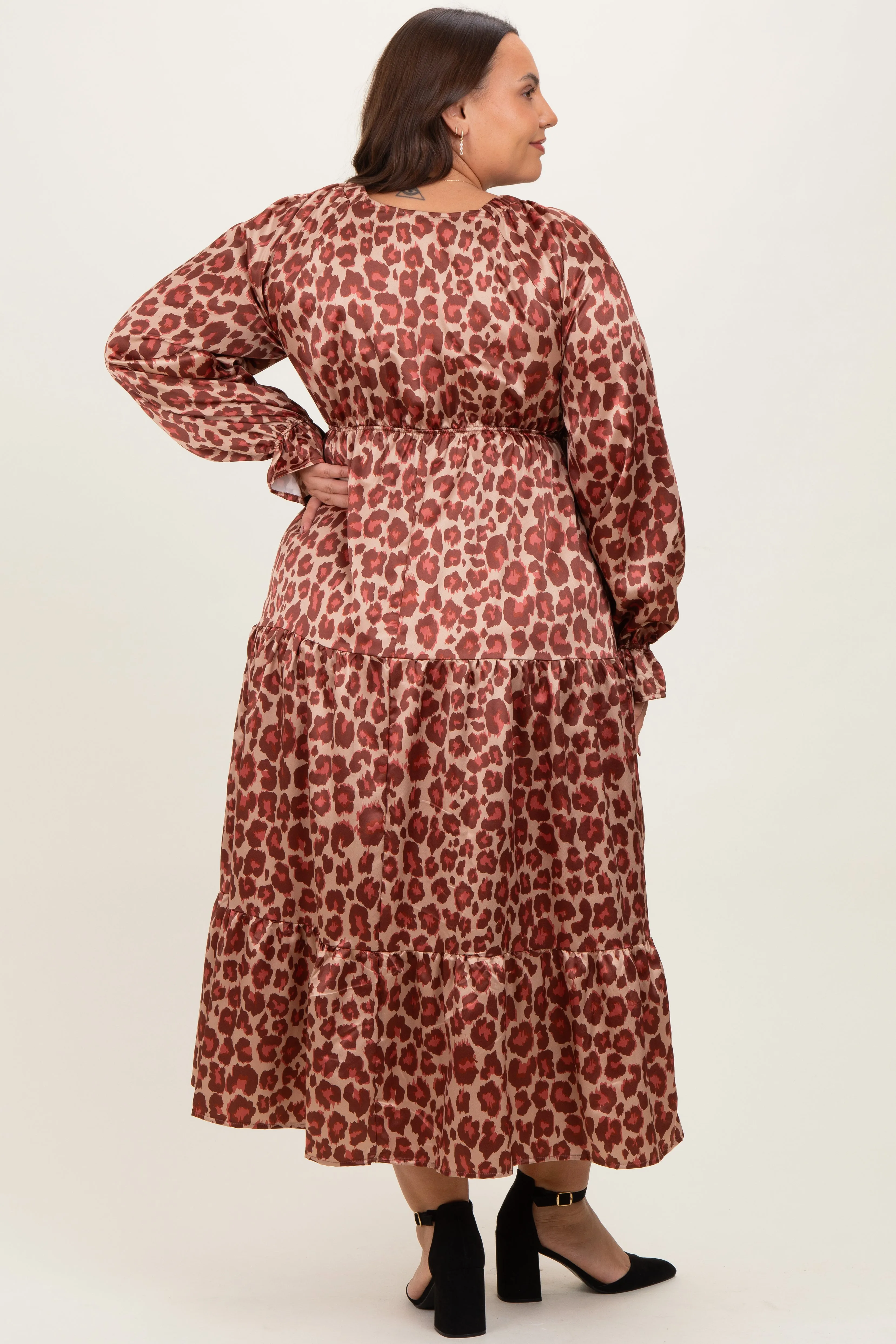 Taupe/Rust Satin Leopard Tiered Side Pocket Plus Maxi Dress sold by Pinkblush product image thumbnail 3