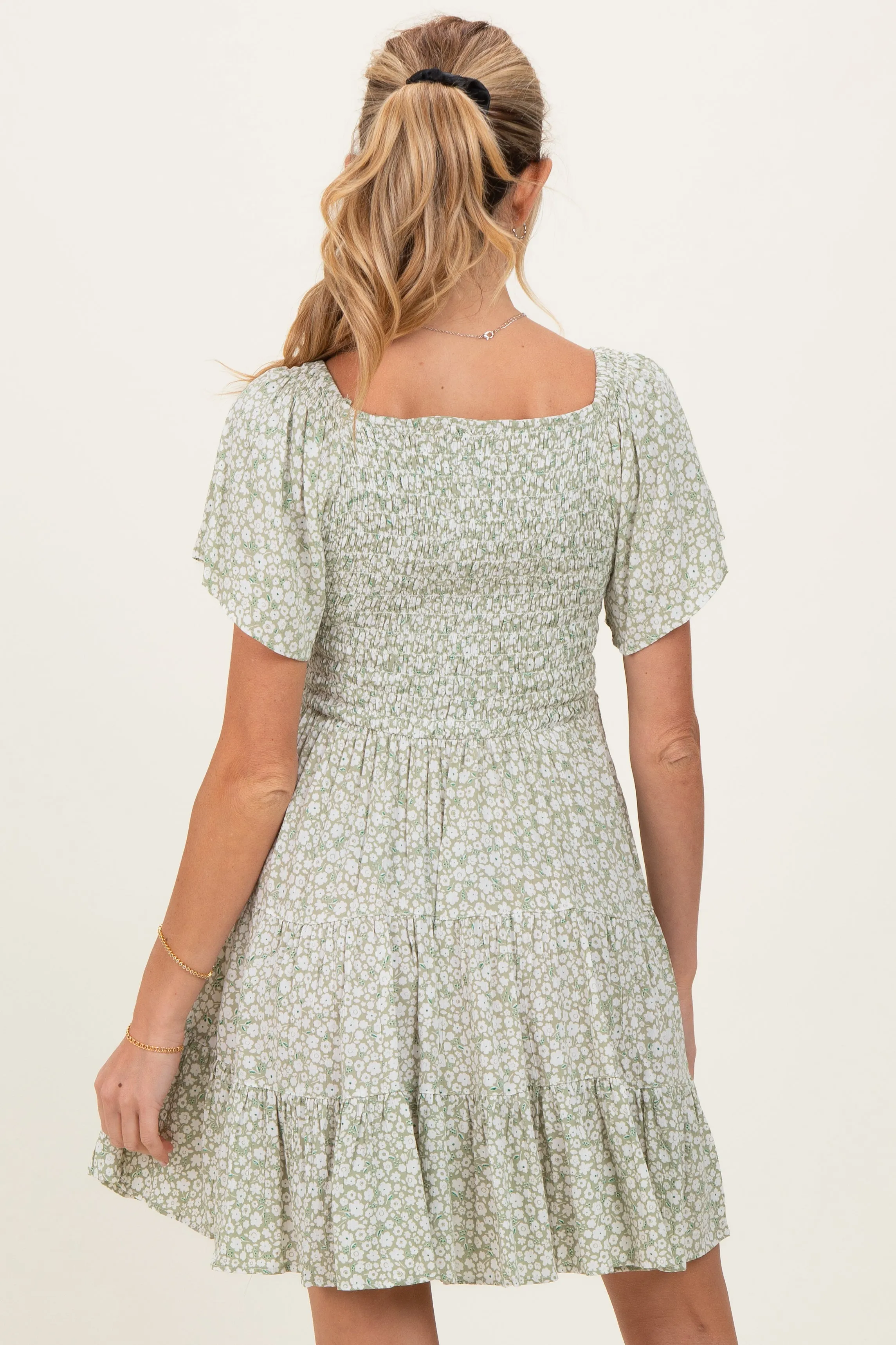 Sage V Neck Smocked Bodice Ditsy Print Maternity Dress sold by Pinkblush product image thumbnail 4