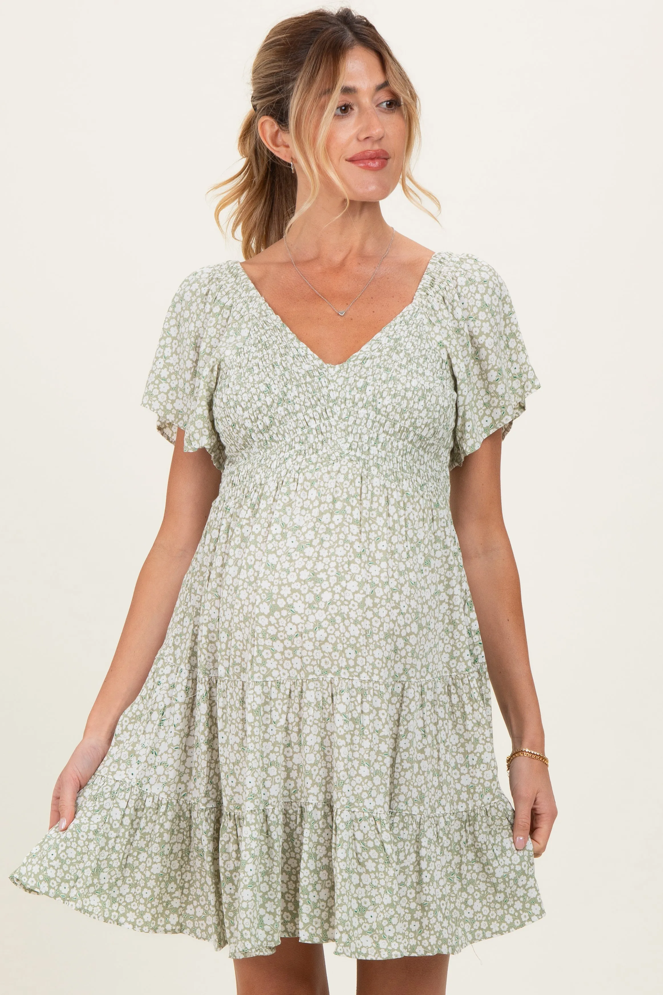 Sage V Neck Smocked Bodice Ditsy Print Maternity Dress sold by Pinkblush