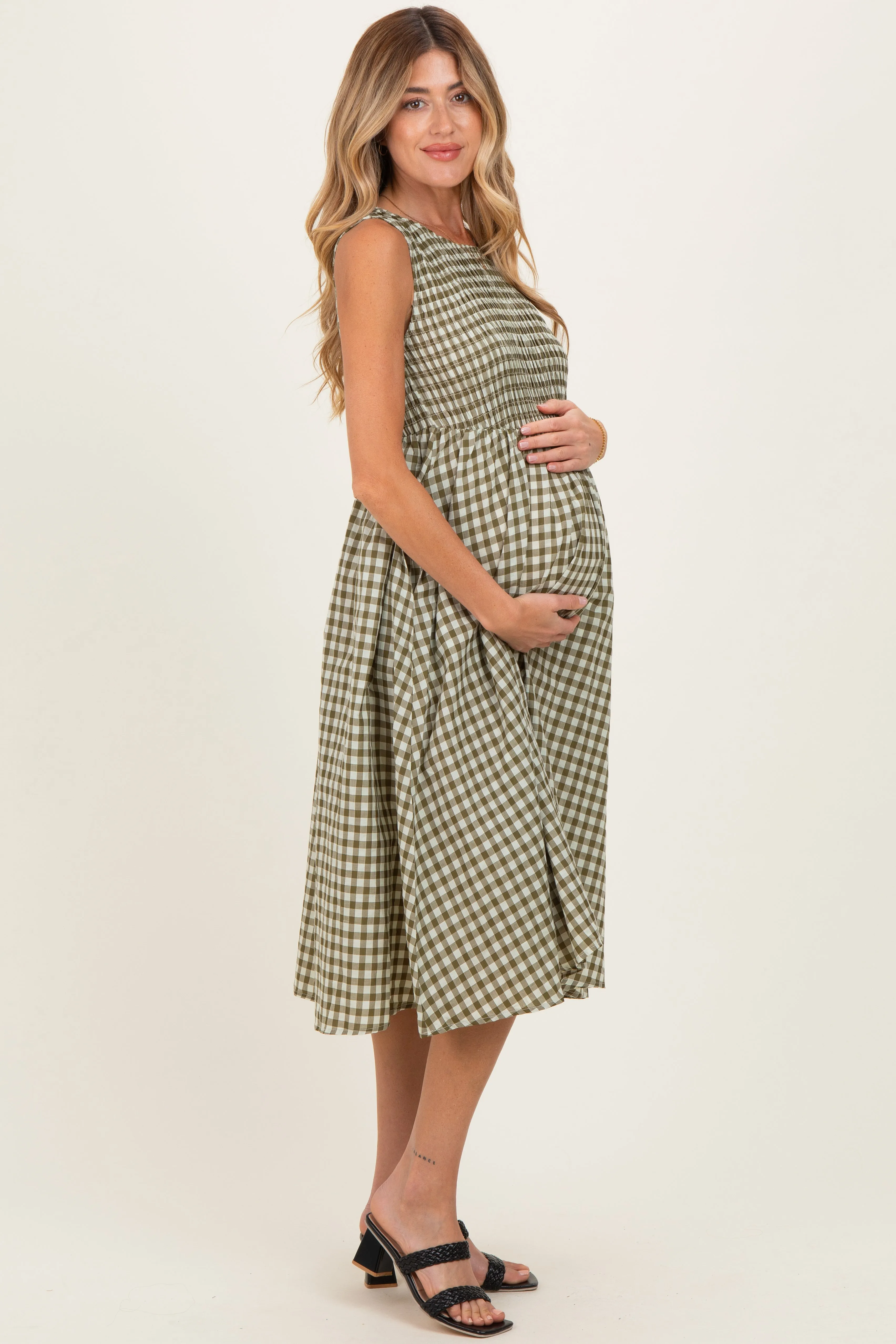 Olive Gingham Smocked Sleeveless Maternity Midi Dress sold by Pinkblush product image thumbnail 2
