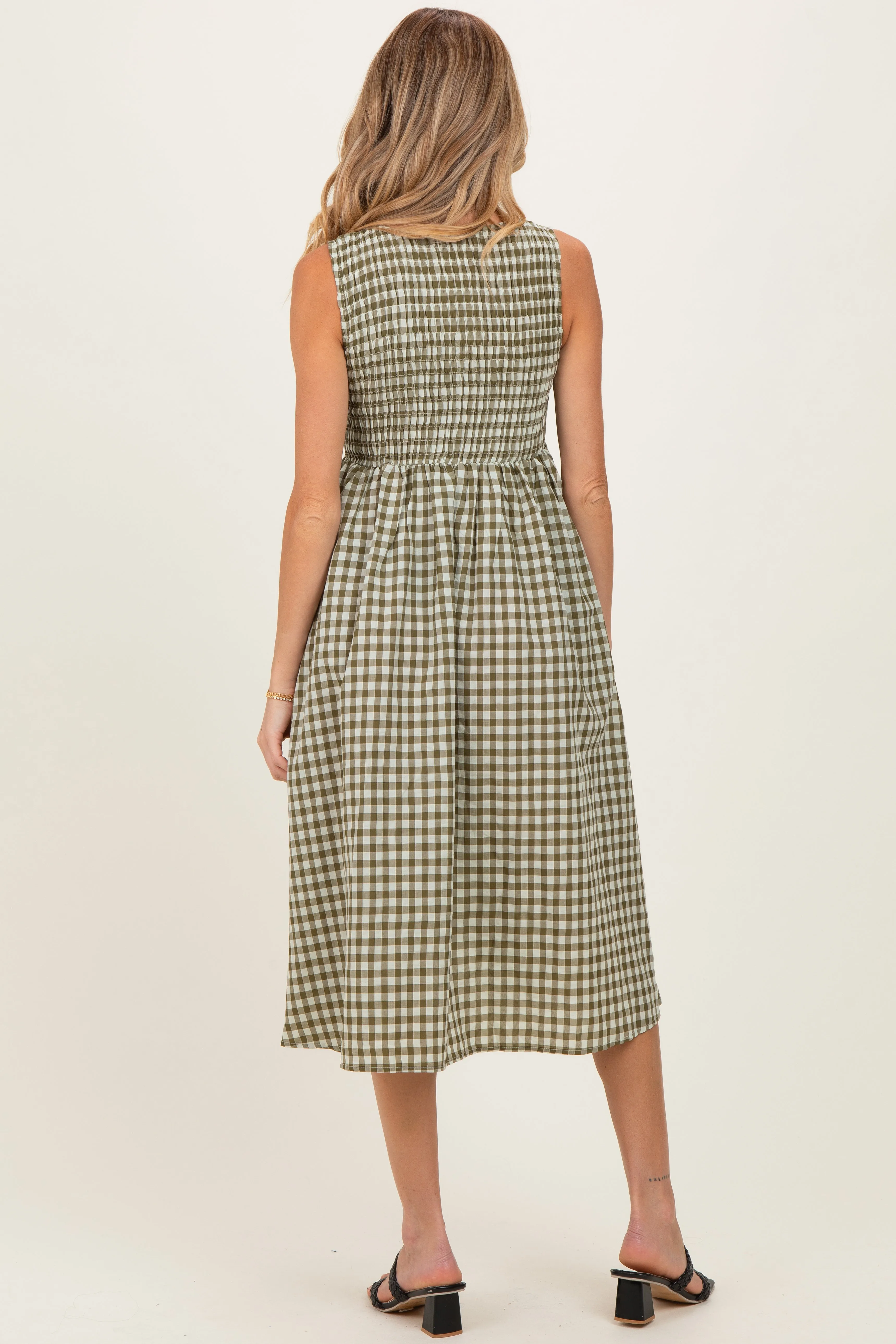 Olive Gingham Smocked Sleeveless Maternity Midi Dress sold by Pinkblush product image thumbnail 3
