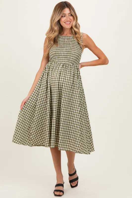 Olive Gingham Smocked Sleeveless Maternity Midi Dress made by Pinkblush
