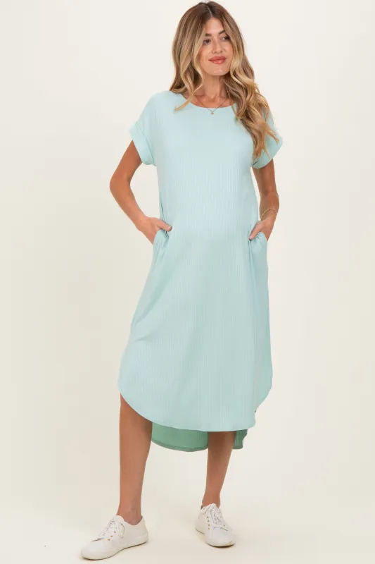 Mint Ribbed Curved Hem Maternity Midi Dress made by Pinkblush