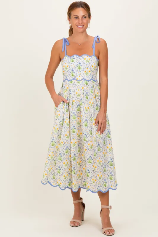 Blue Floral Scallop Accent Shoulder Tie Midi Dress made by entro