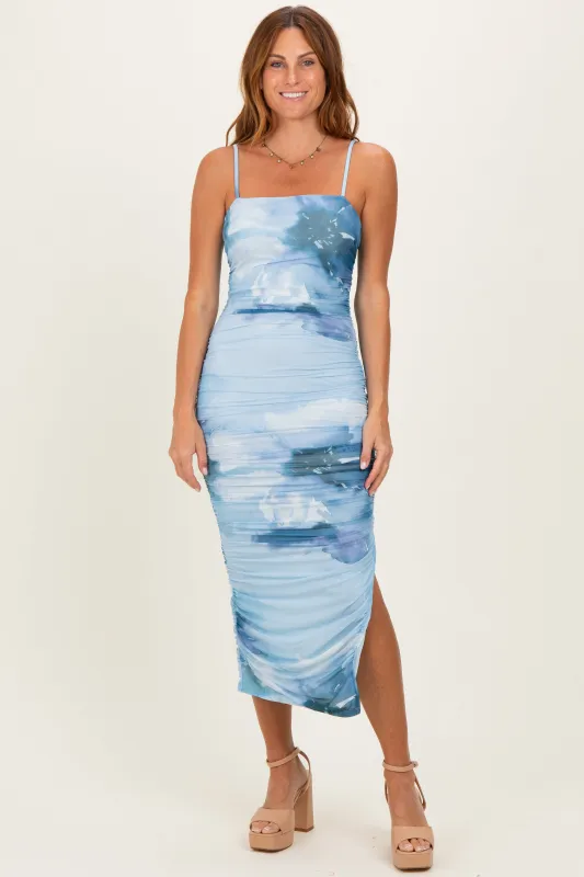 Blue Printed Ruched Fitted Midi Dress made by Pinkblush