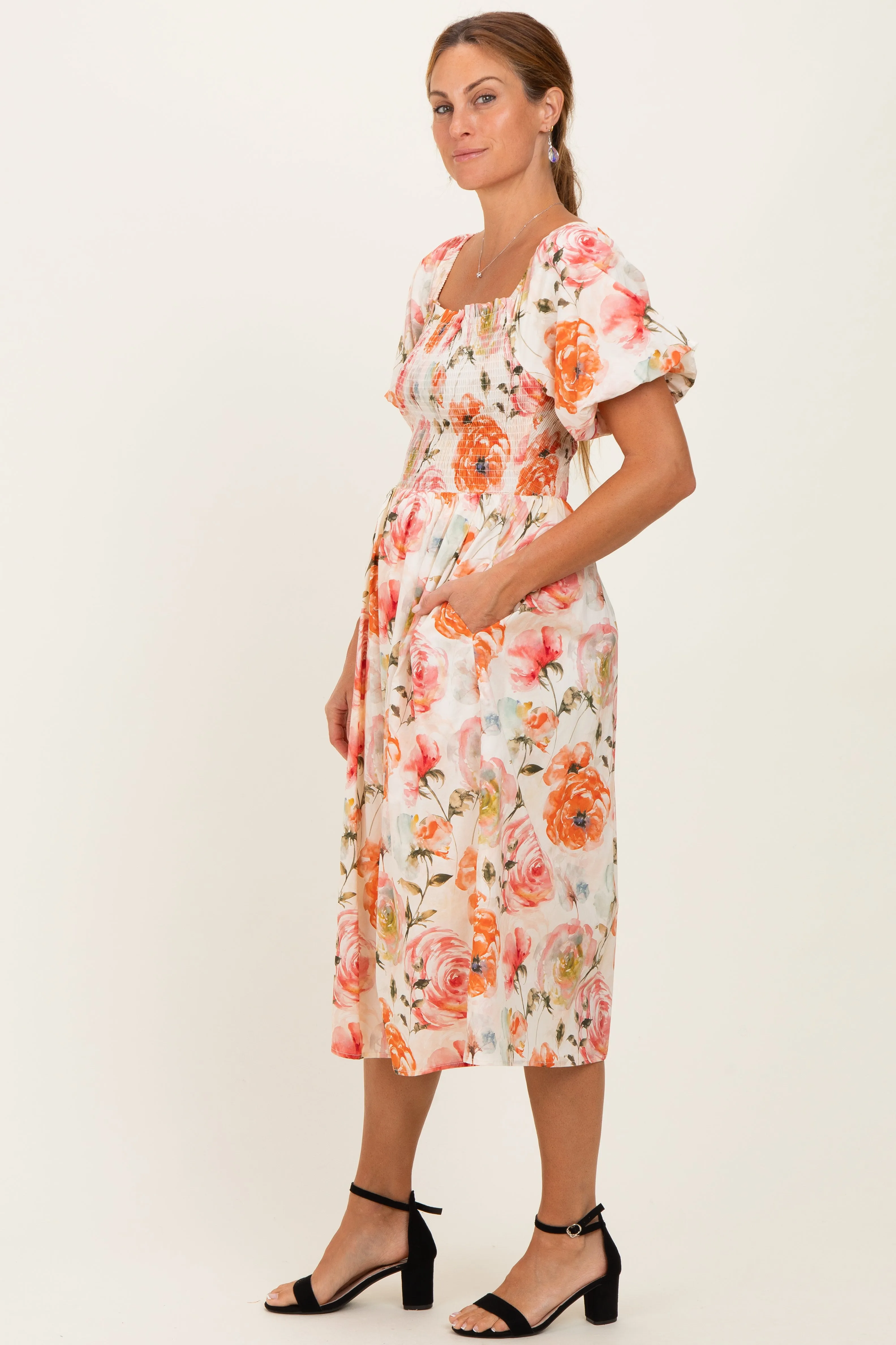 Rose Floral Smocked Puff Sleeve Midi Dress sold by Pinkblush product image thumbnail 2