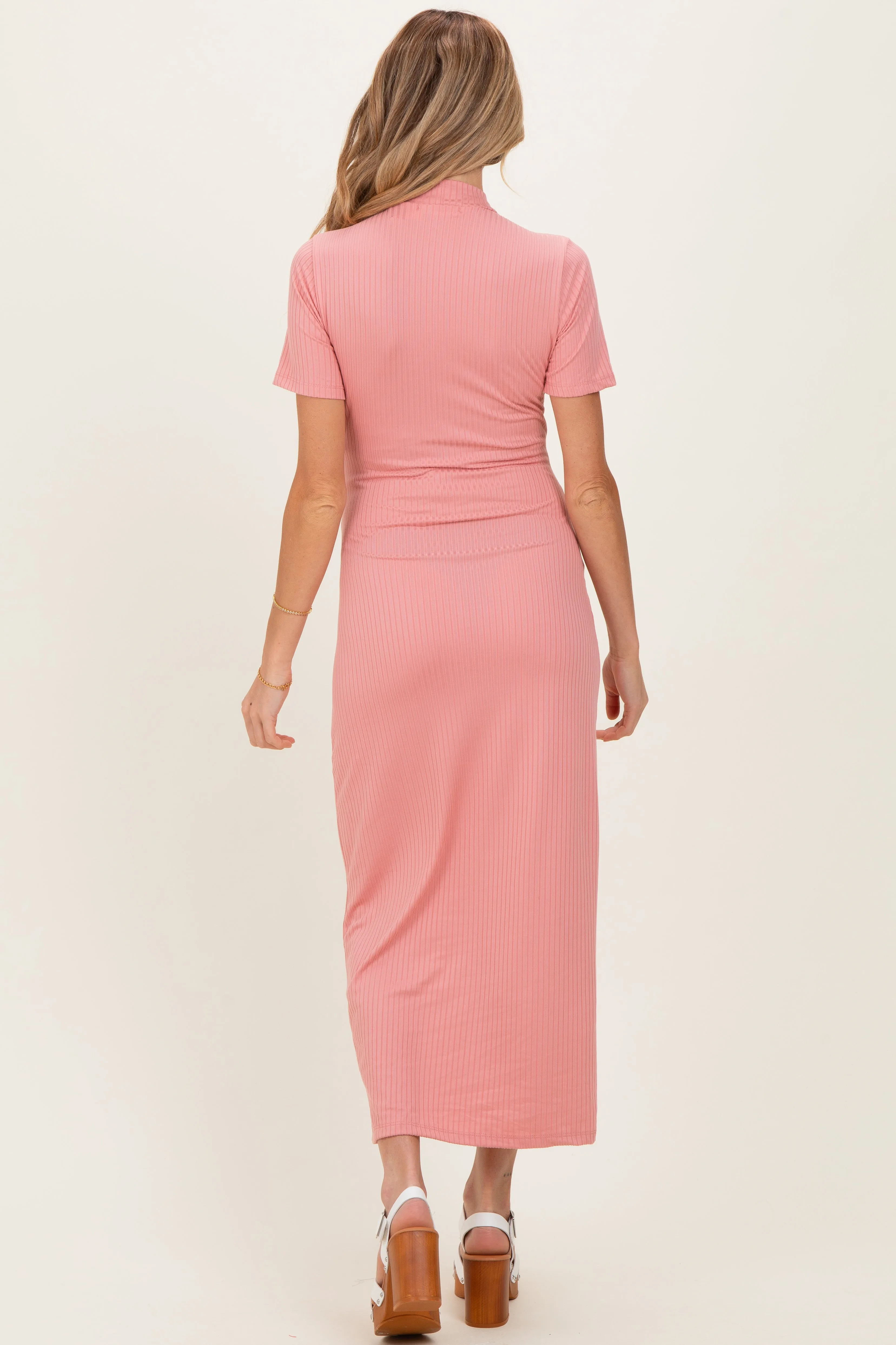 Pink Ribbed Mock Neck Short Sleeve Maternity Midi Dress sold by Pinkblush product image thumbnail 3