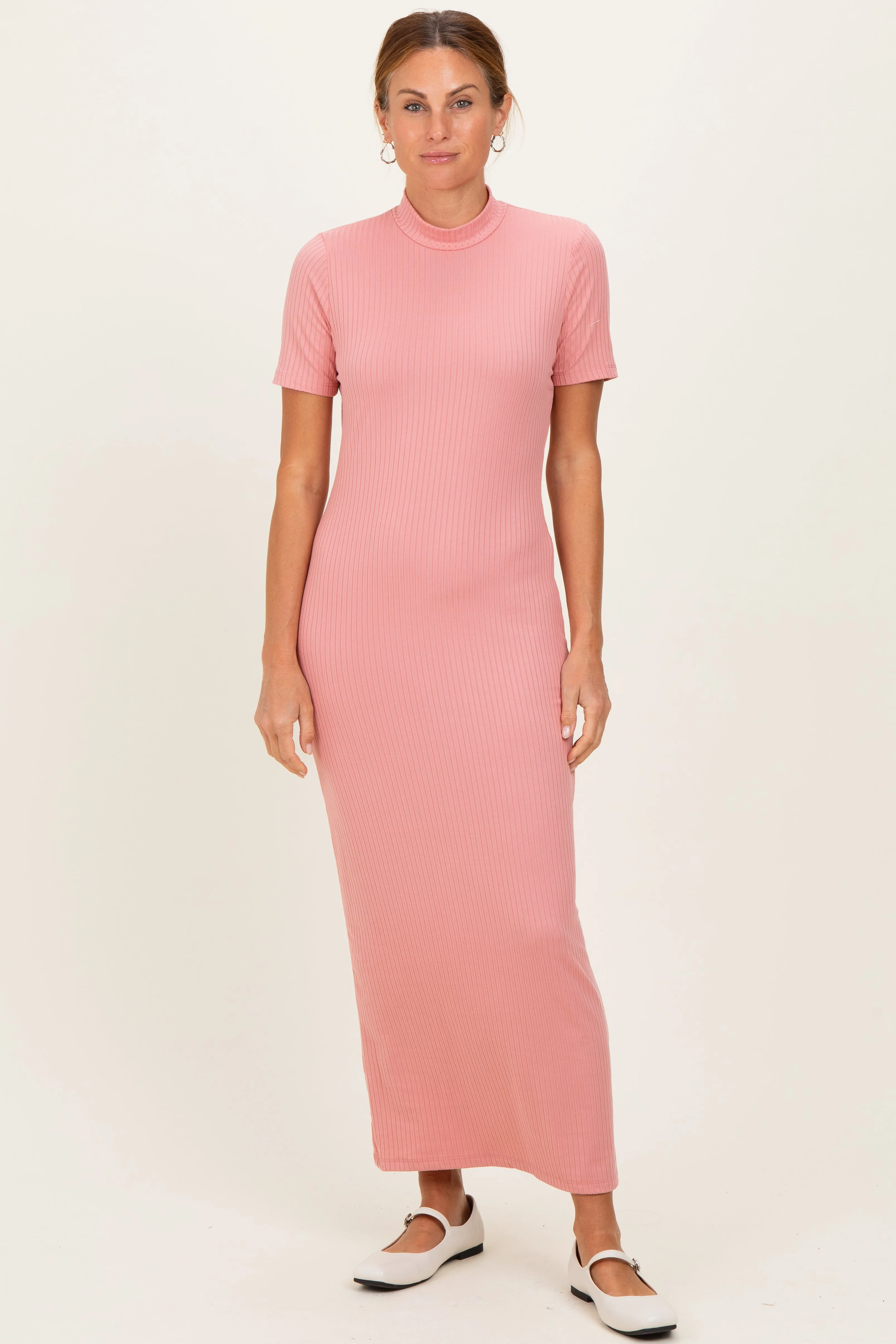 Pink Ribbed Mock Neck Short Sleeve Maternity Midi Dress sold by Pinkblush product image thumbnail 4