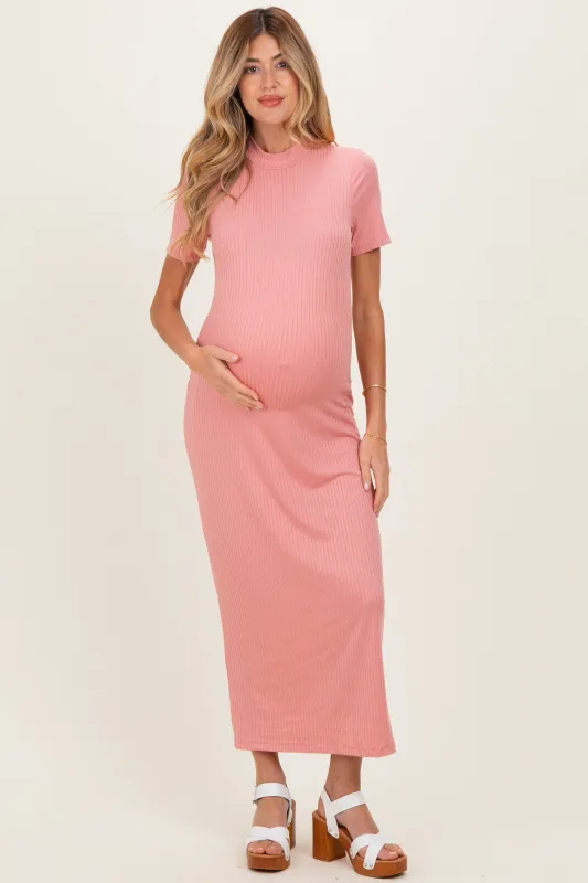 Pink Ribbed Mock Neck Short Sleeve Maternity Midi Dress made by Pinkblush