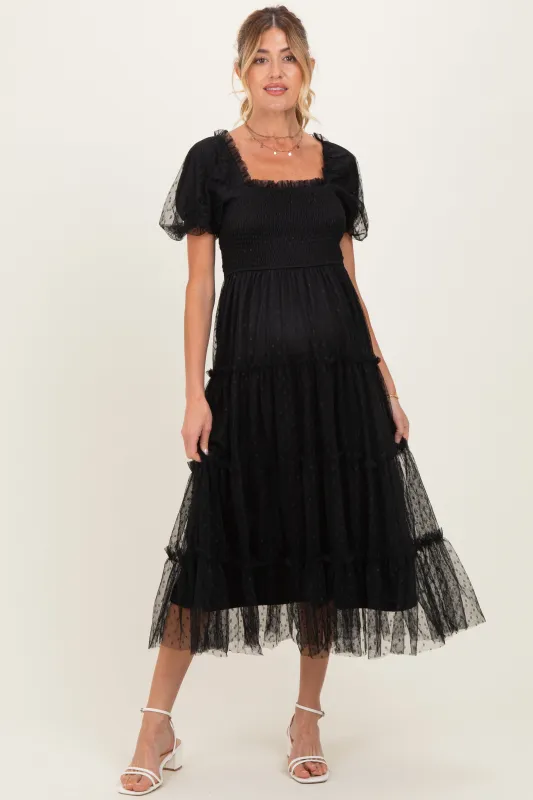 Black Tulle Puff Sleeve Smocked Maternity Midi Dress made by Pinkblush