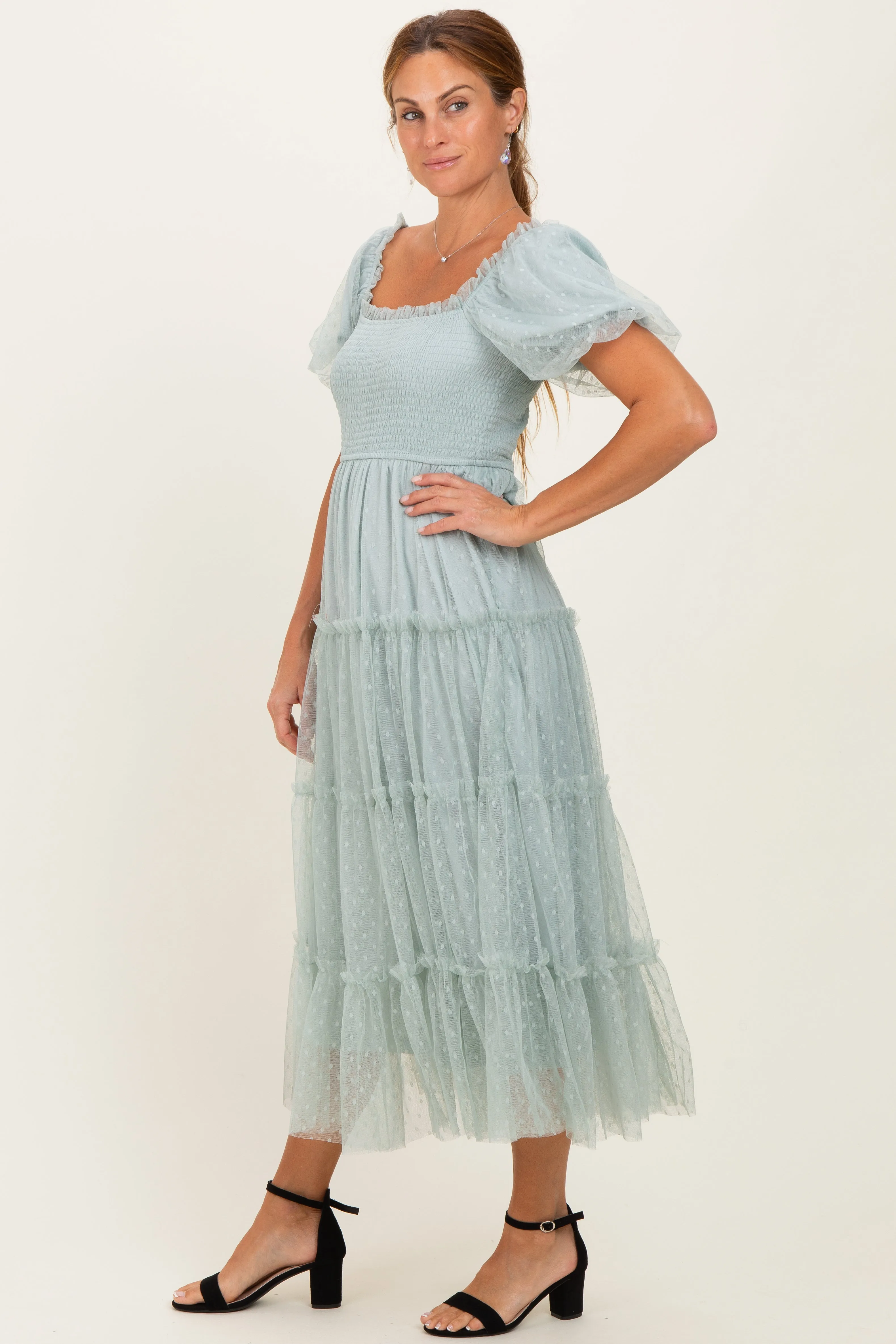 Sage Tulle Tulle Puff Sleeve Smocked Midi Dress sold by Pinkblush product image thumbnail 3