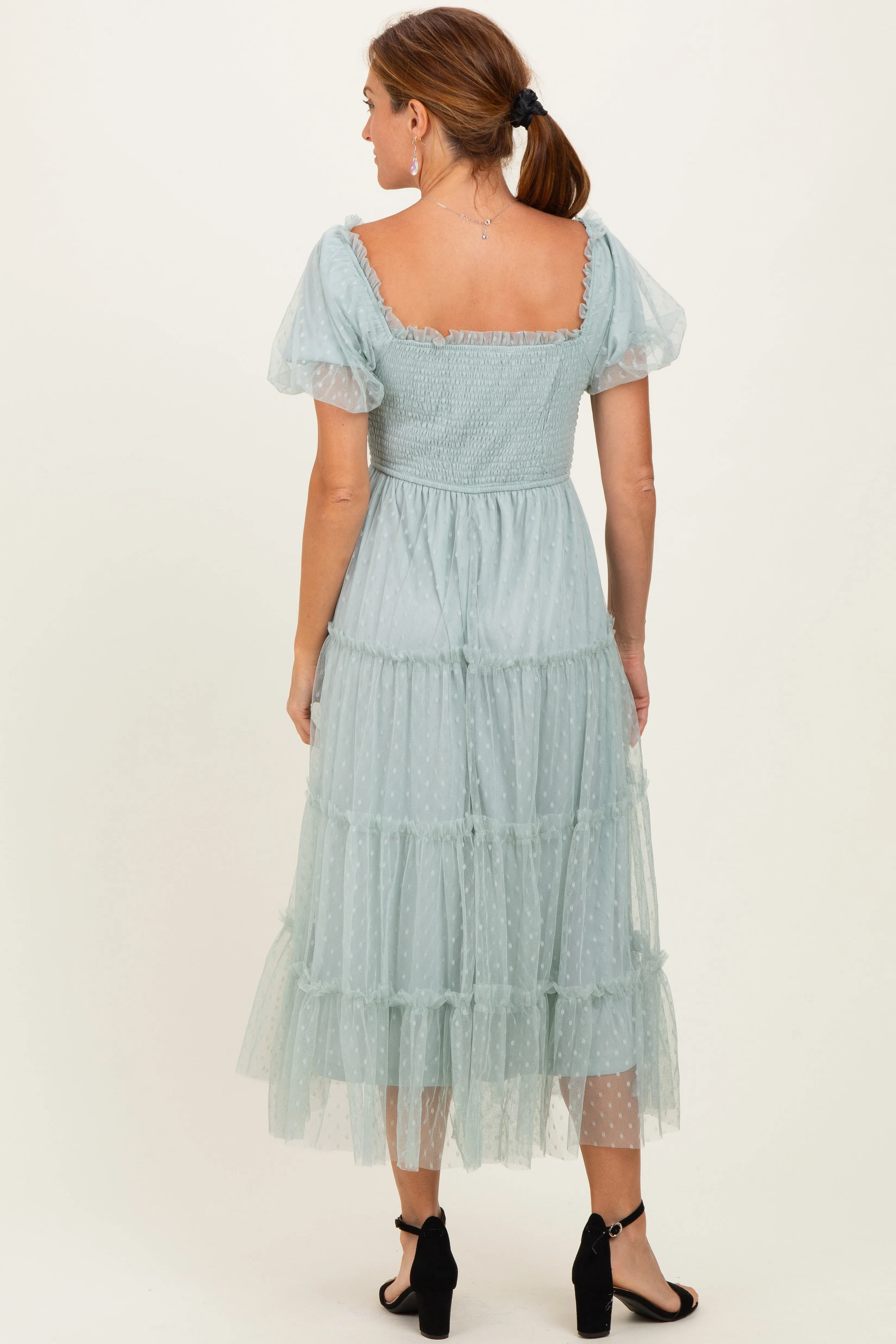 Sage Tulle Tulle Puff Sleeve Smocked Midi Dress sold by Pinkblush product image thumbnail 4
