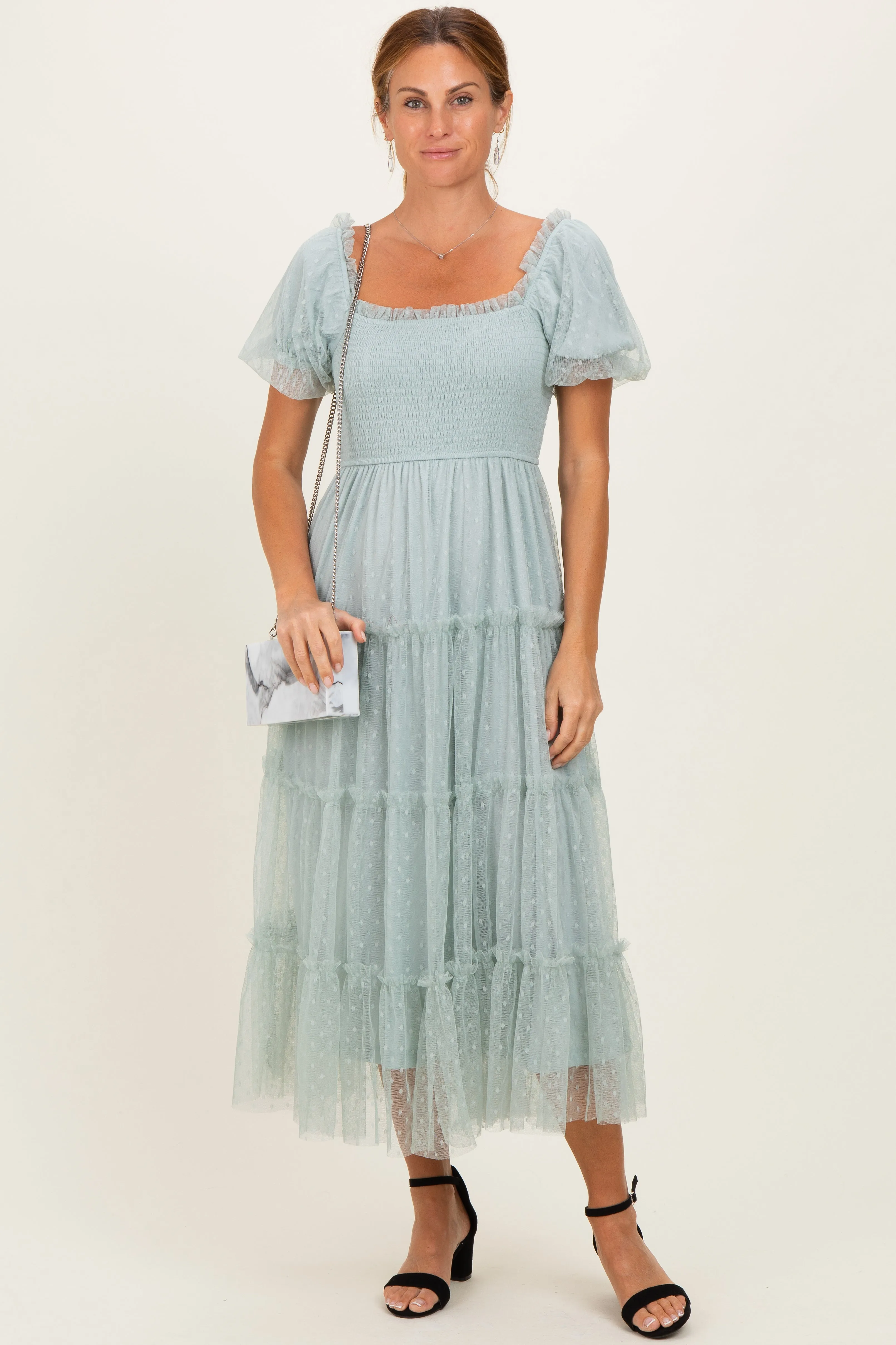 Sage Tulle Tulle Puff Sleeve Smocked Midi Dress sold by Pinkblush