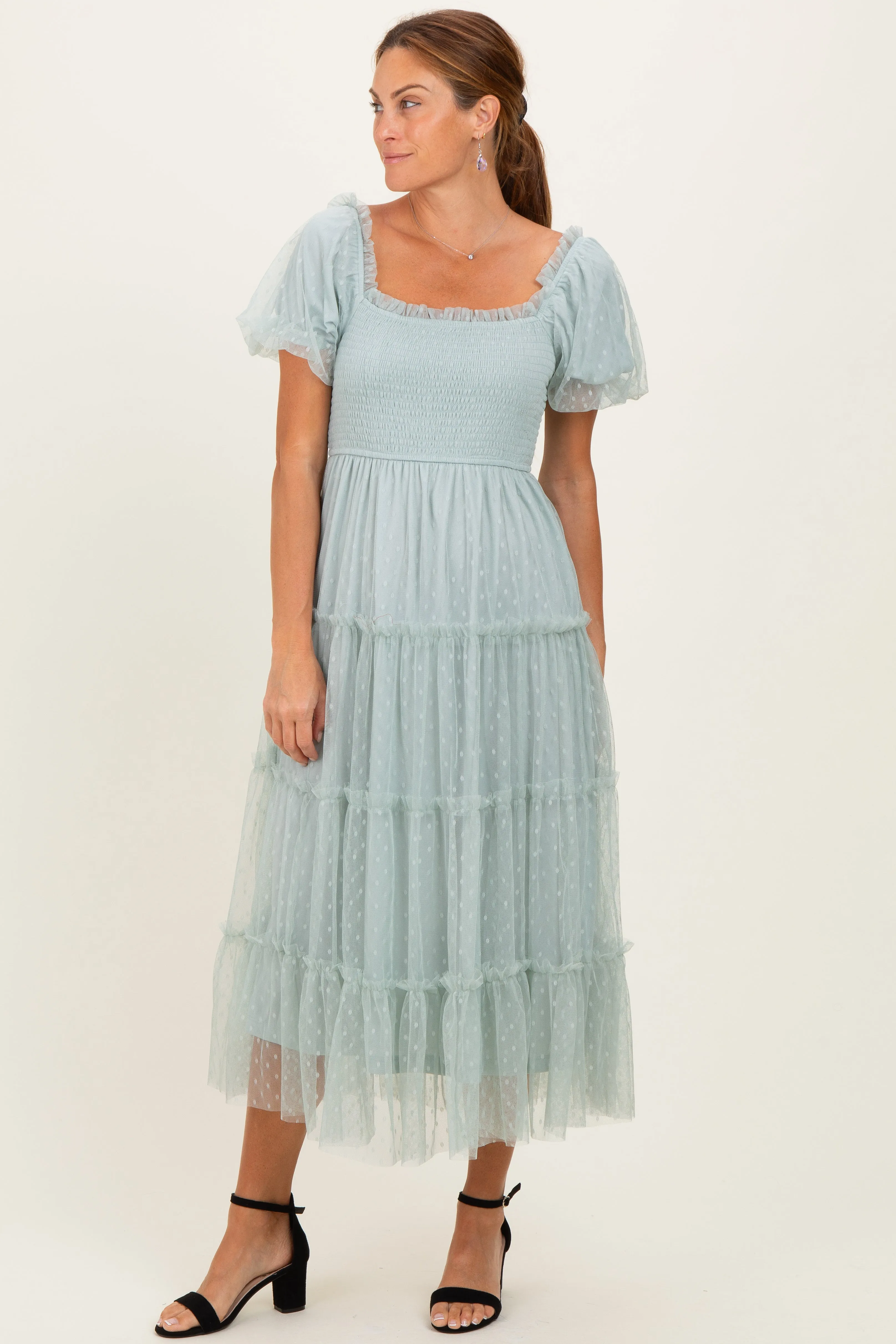 Sage Tulle Tulle Puff Sleeve Smocked Midi Dress sold by Pinkblush product image thumbnail 2