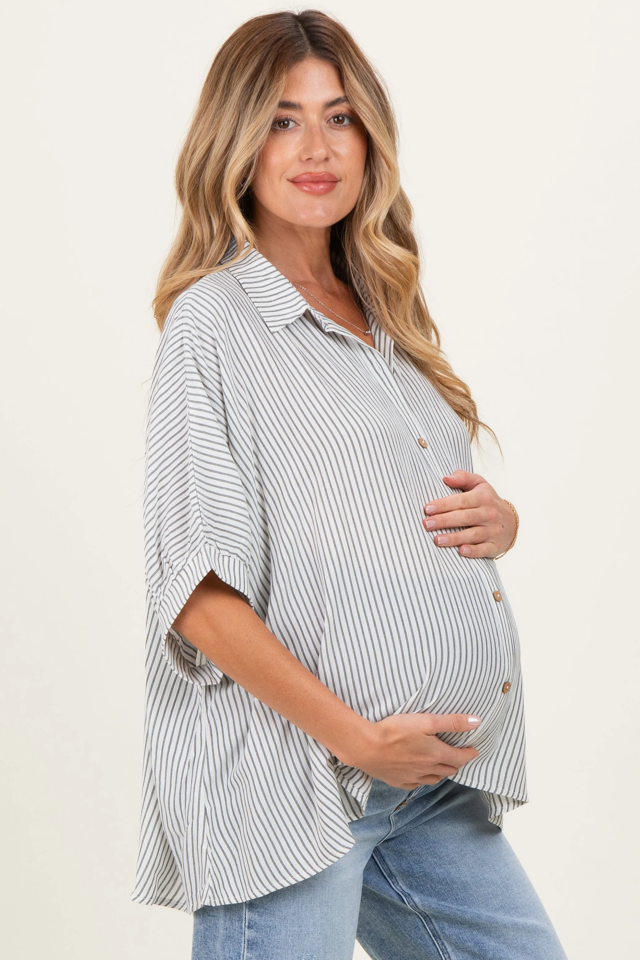 Black Striped Boxy Button Down Maternity Top sold by Pinkblush product image thumbnail 3