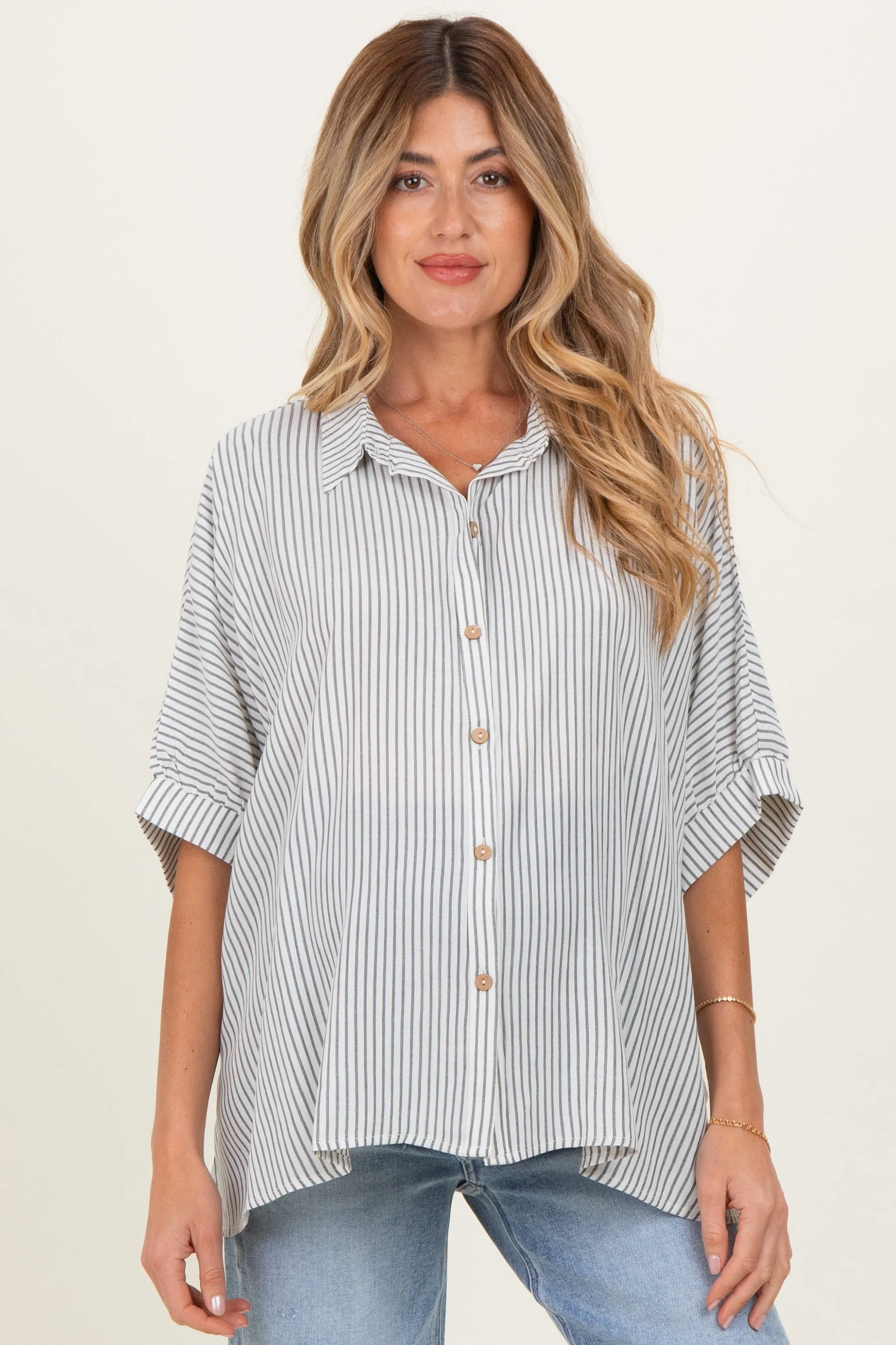 Black Striped Boxy Button Down Maternity Top sold by Pinkblush