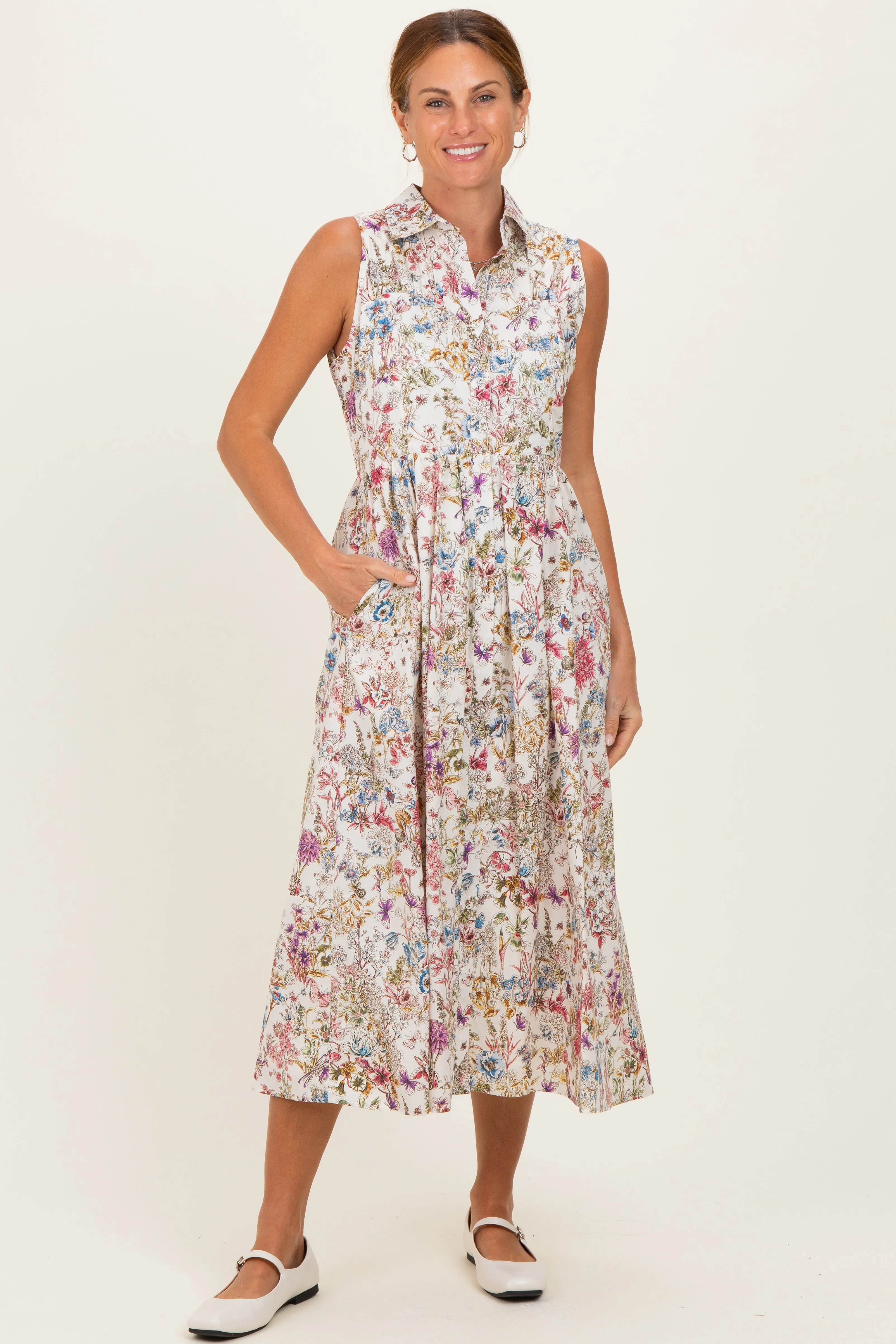 Multicolor Garden Print Sleeveless Shirt Dress sold by Pinkblush