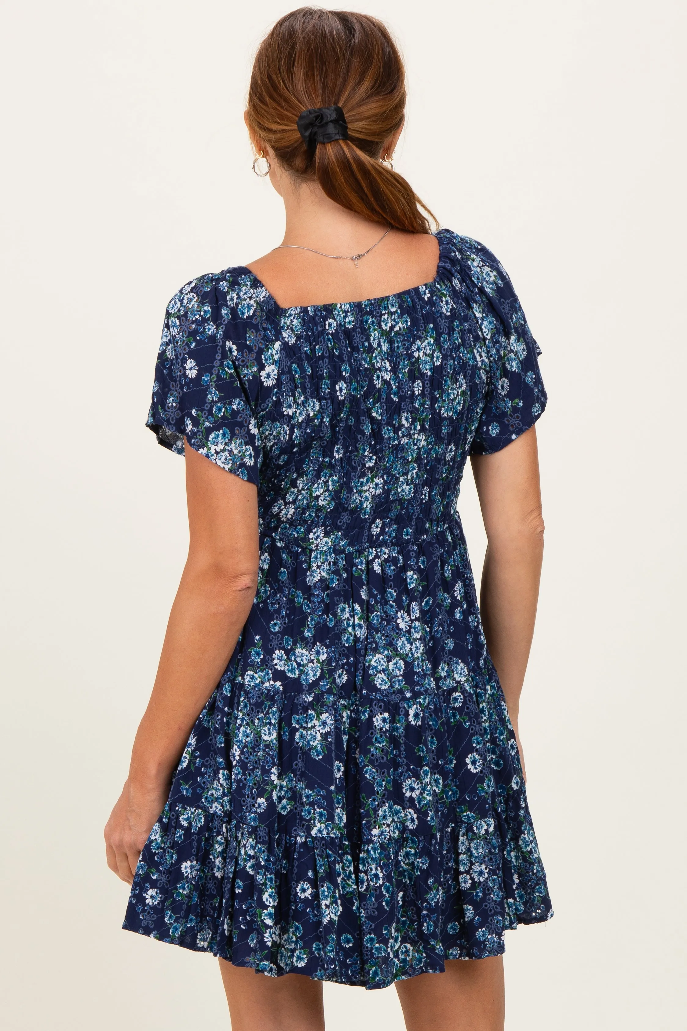 Blue Eyelet Embroidered Printed V Neck Dress sold by Pinkblush product image thumbnail 4