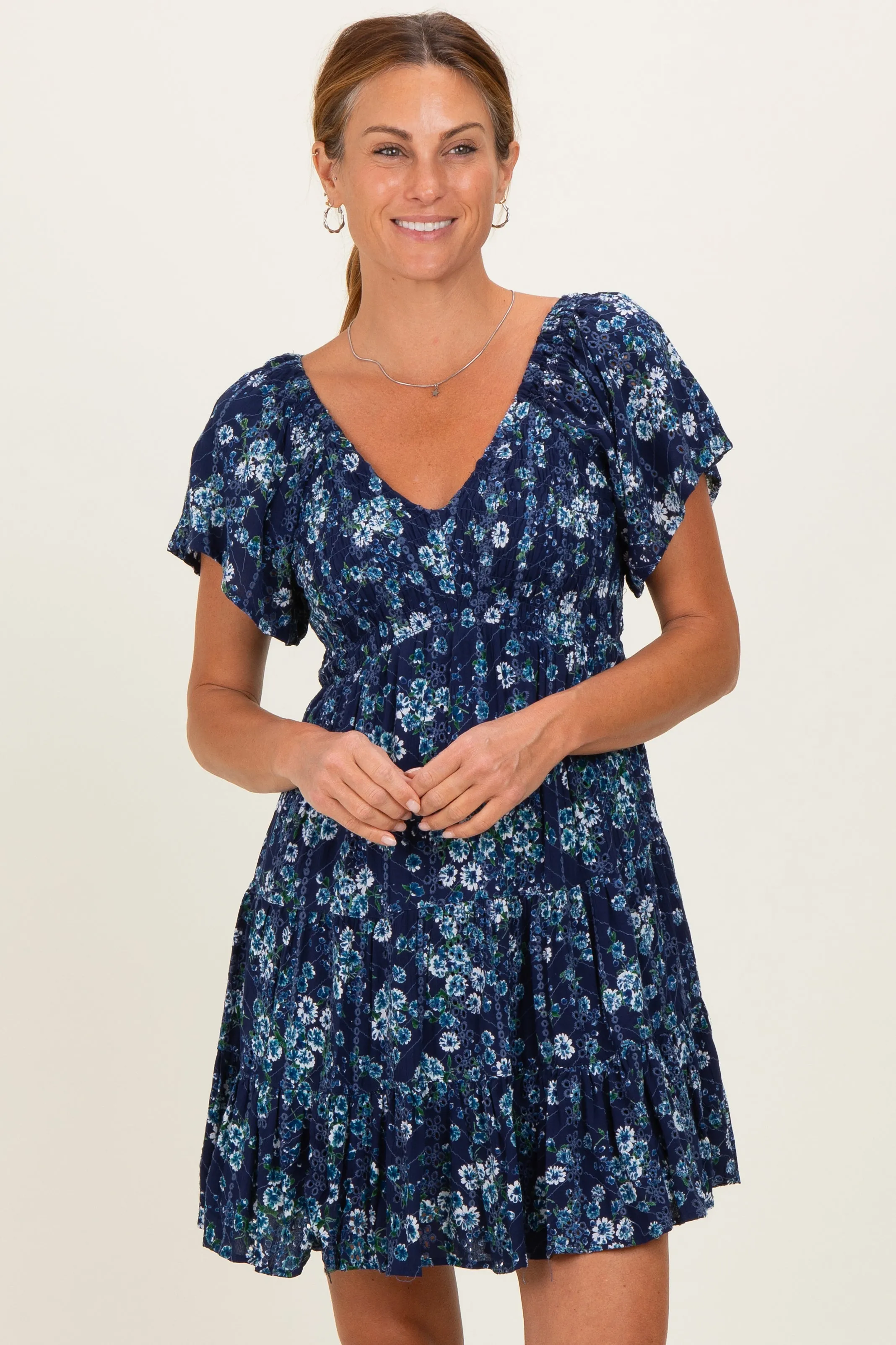 Blue Eyelet Embroidered Printed V Neck Dress sold by Pinkblush